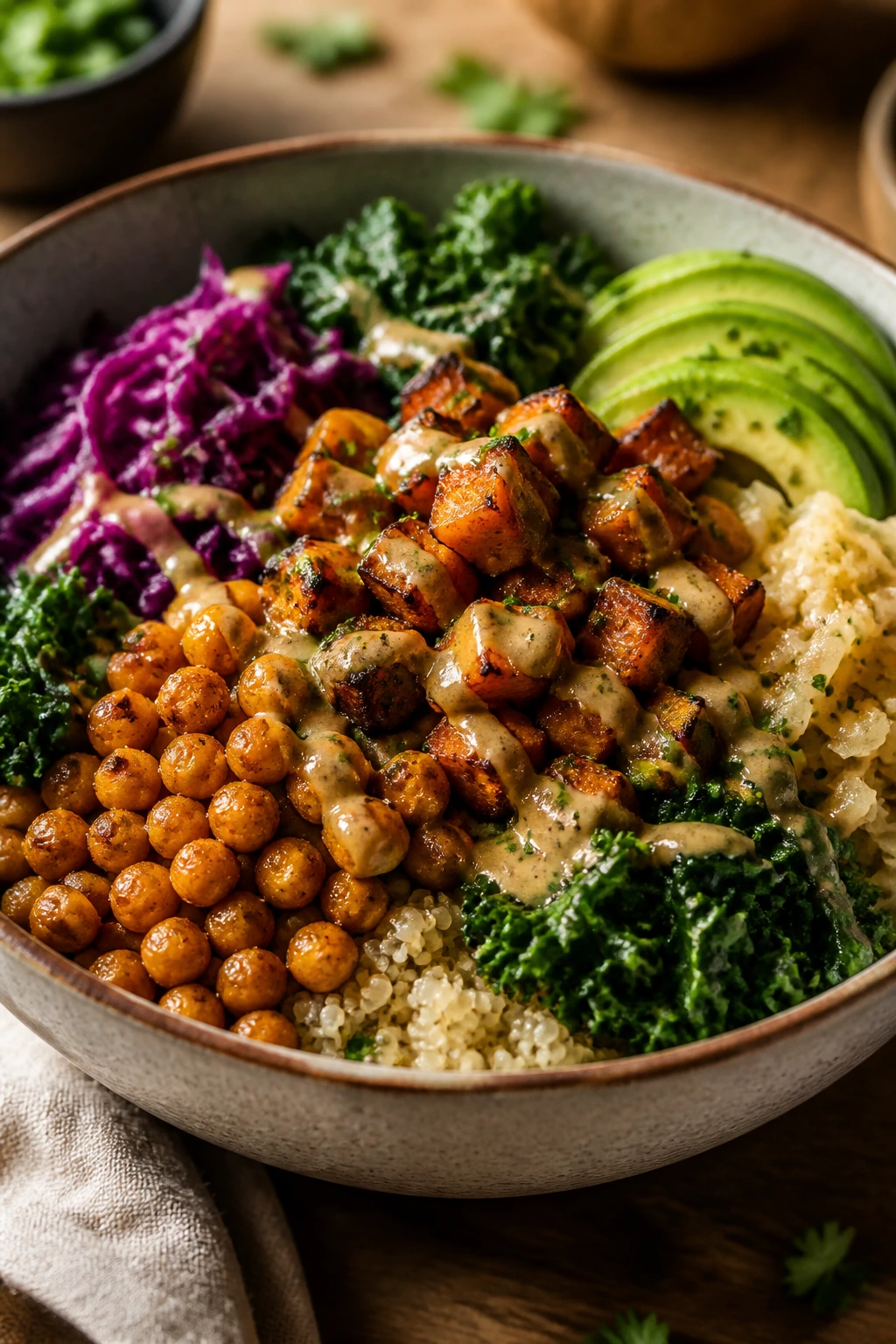 Close-up of a vibrant vegetarian bowl with colorful toppings