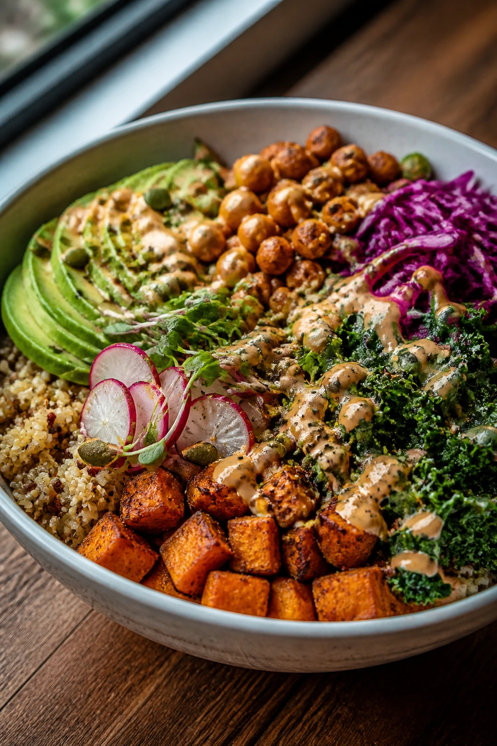 Close-up of a colorful, layered vegetarian bowl on a rustic wooden table