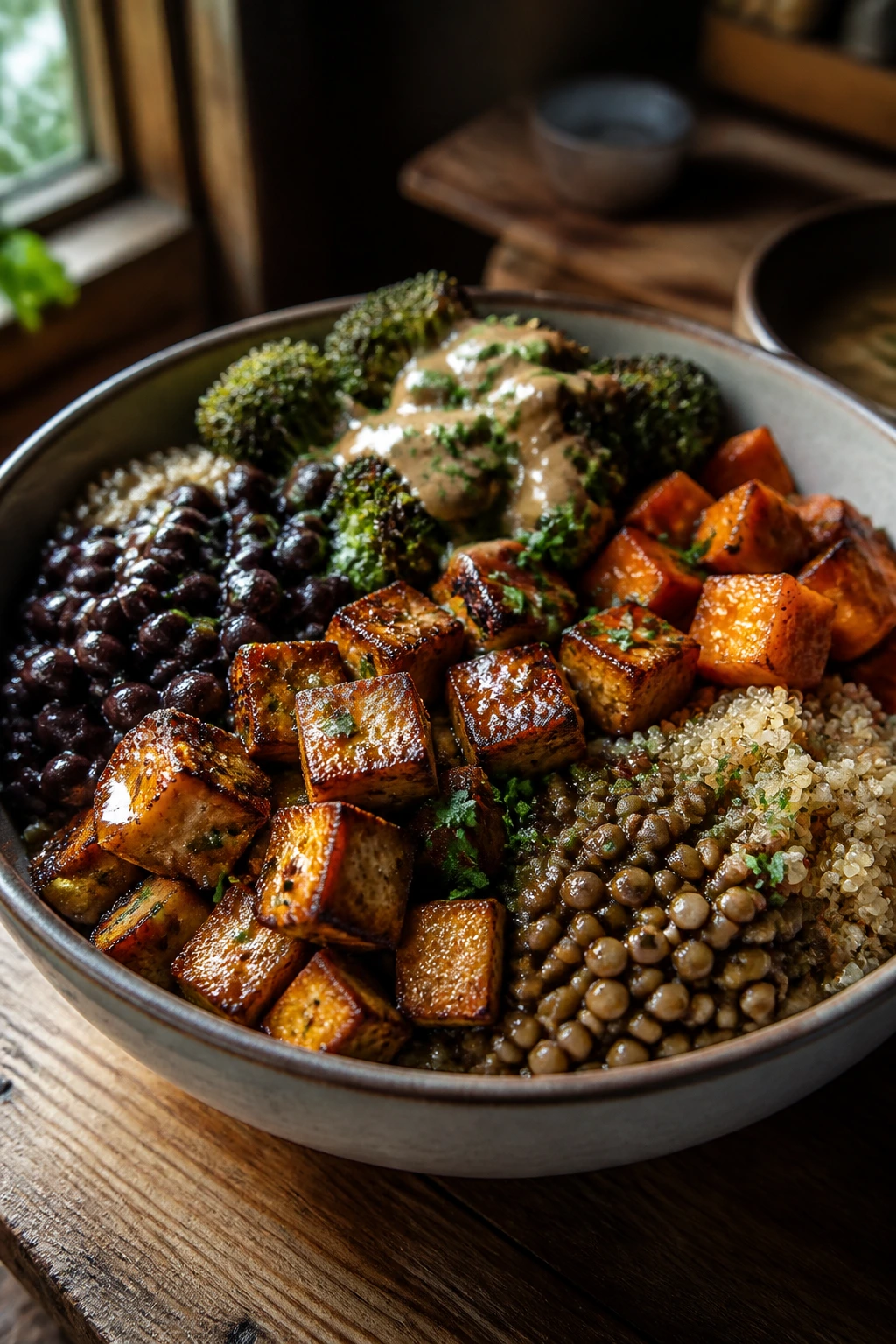 Close-up of a hearty vegetarian bowl with beans, lentils, tofu, quinoa and vegetables in sauce