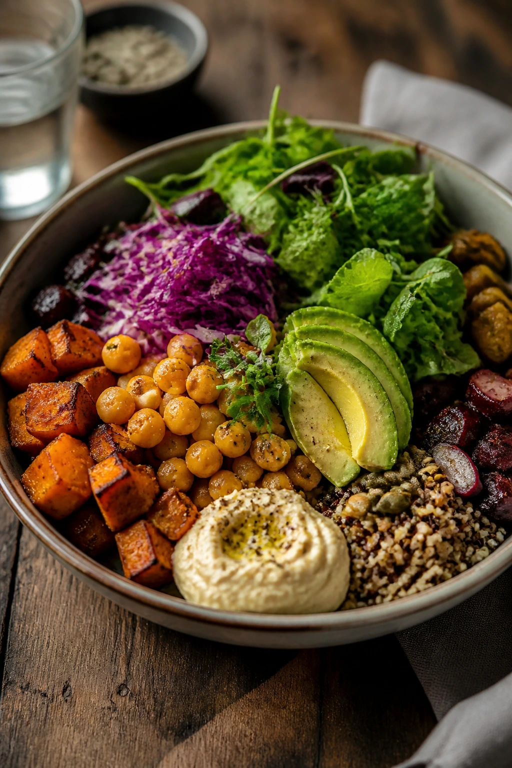 Vibrant vegetarian bowl with toppings served on a table
