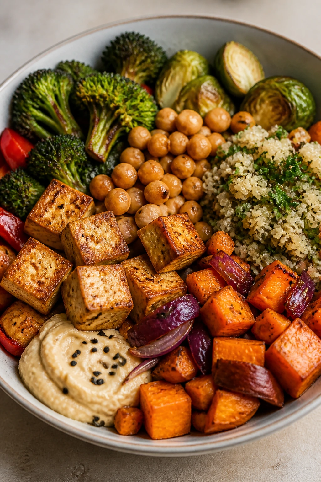 Colorful veggie bowl with tofu and chickpeas
