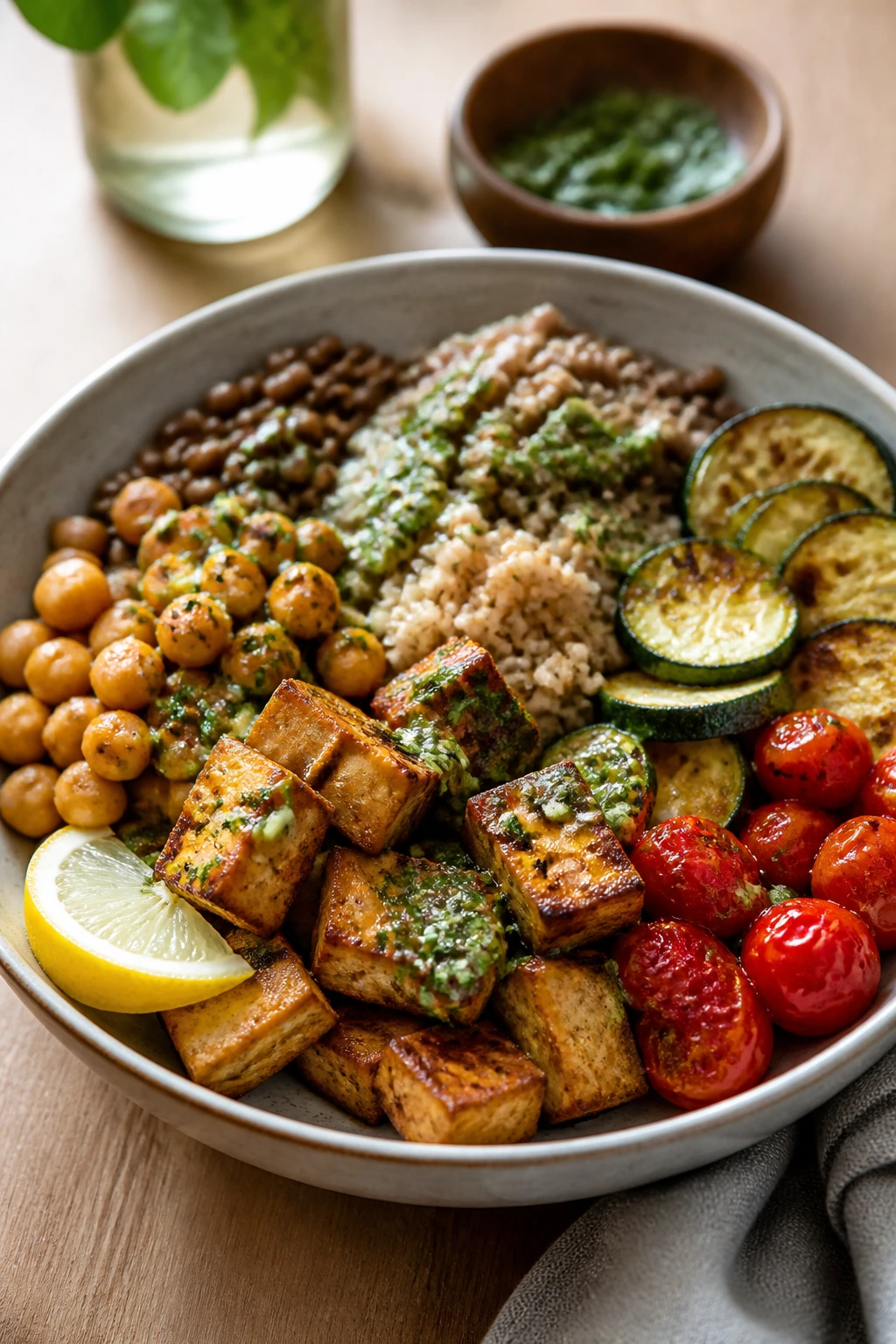 Close-up of a hearty vegetarian bowl with tofu, chickpeas, lentils and grains