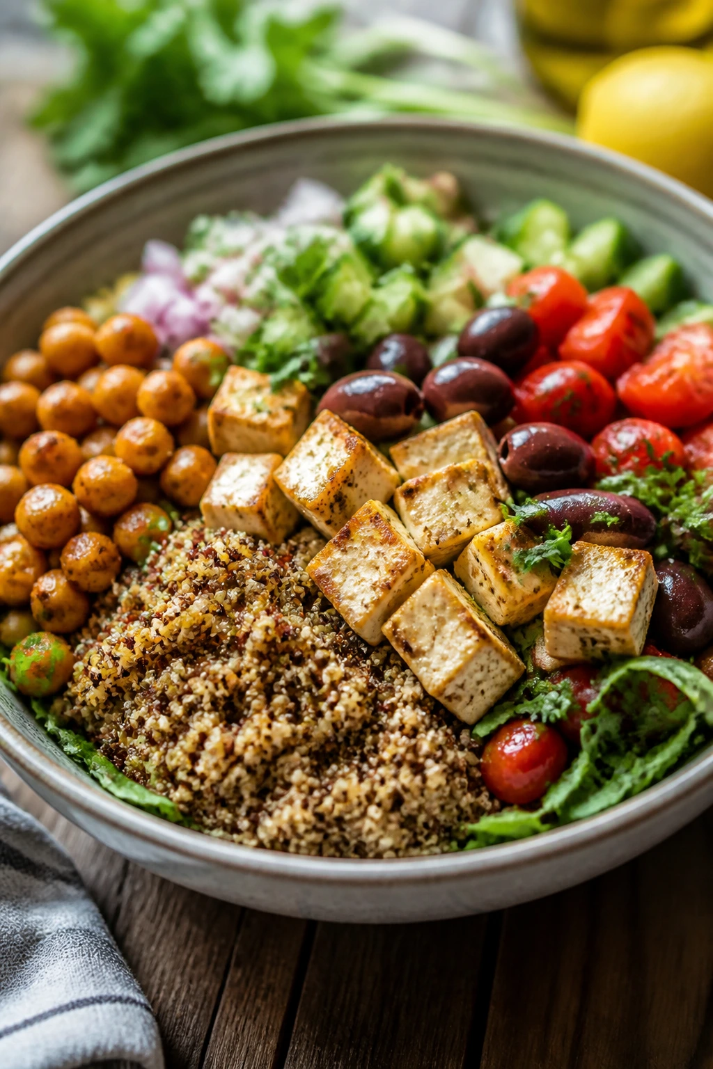 Colorful vegetarian bowl with quinoa, chickpeas, tofu, olives and herbs