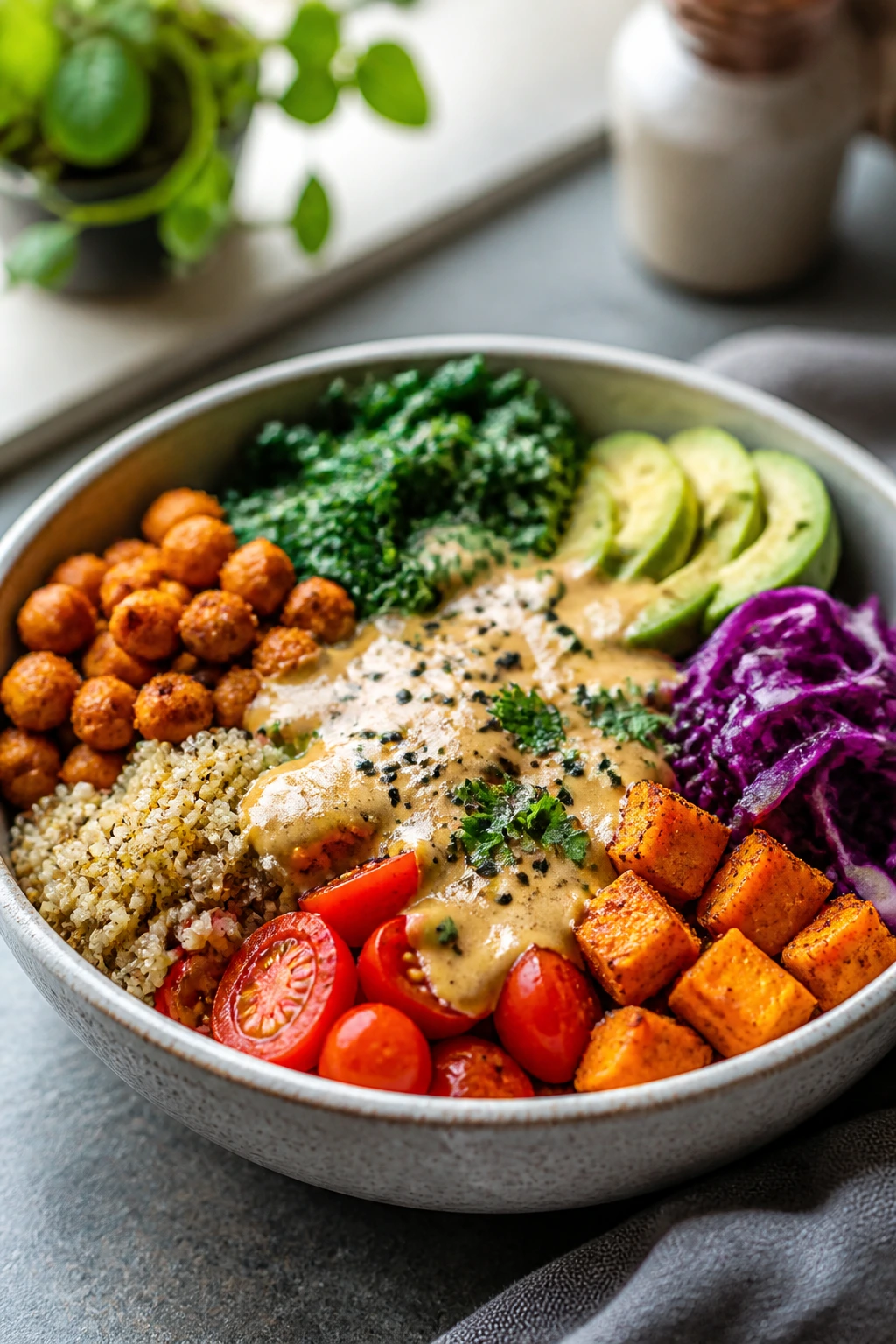Balanced vegetarian bowl with grains, beans and vegetables