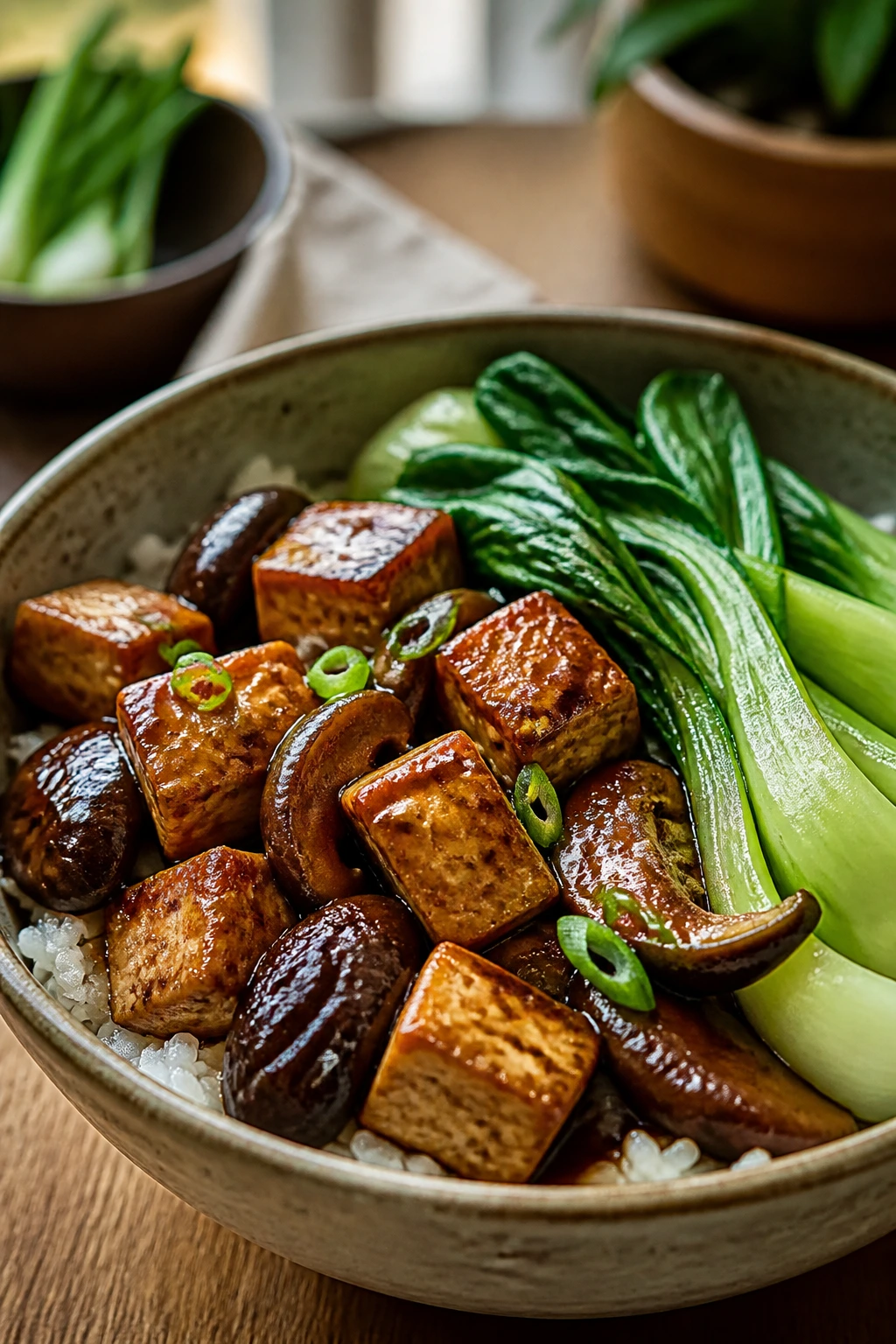 Tofu and mushroom braise over rice with bok choy in a deep bowl.