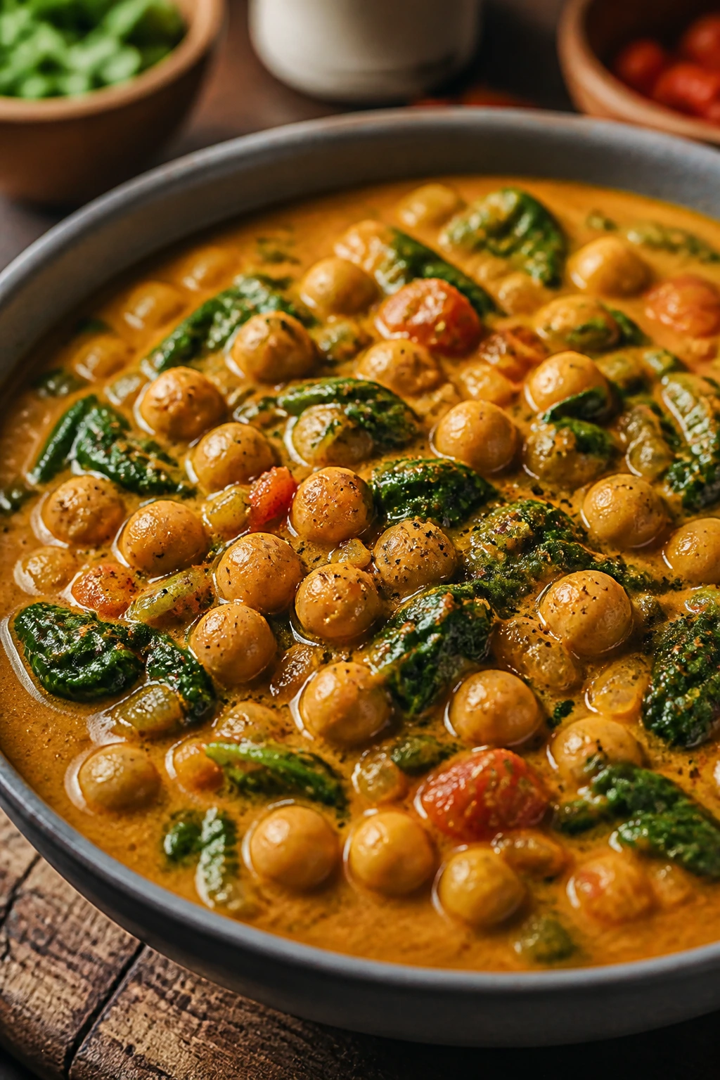 Bowl of chickpea curry with spinach in a rustic setting