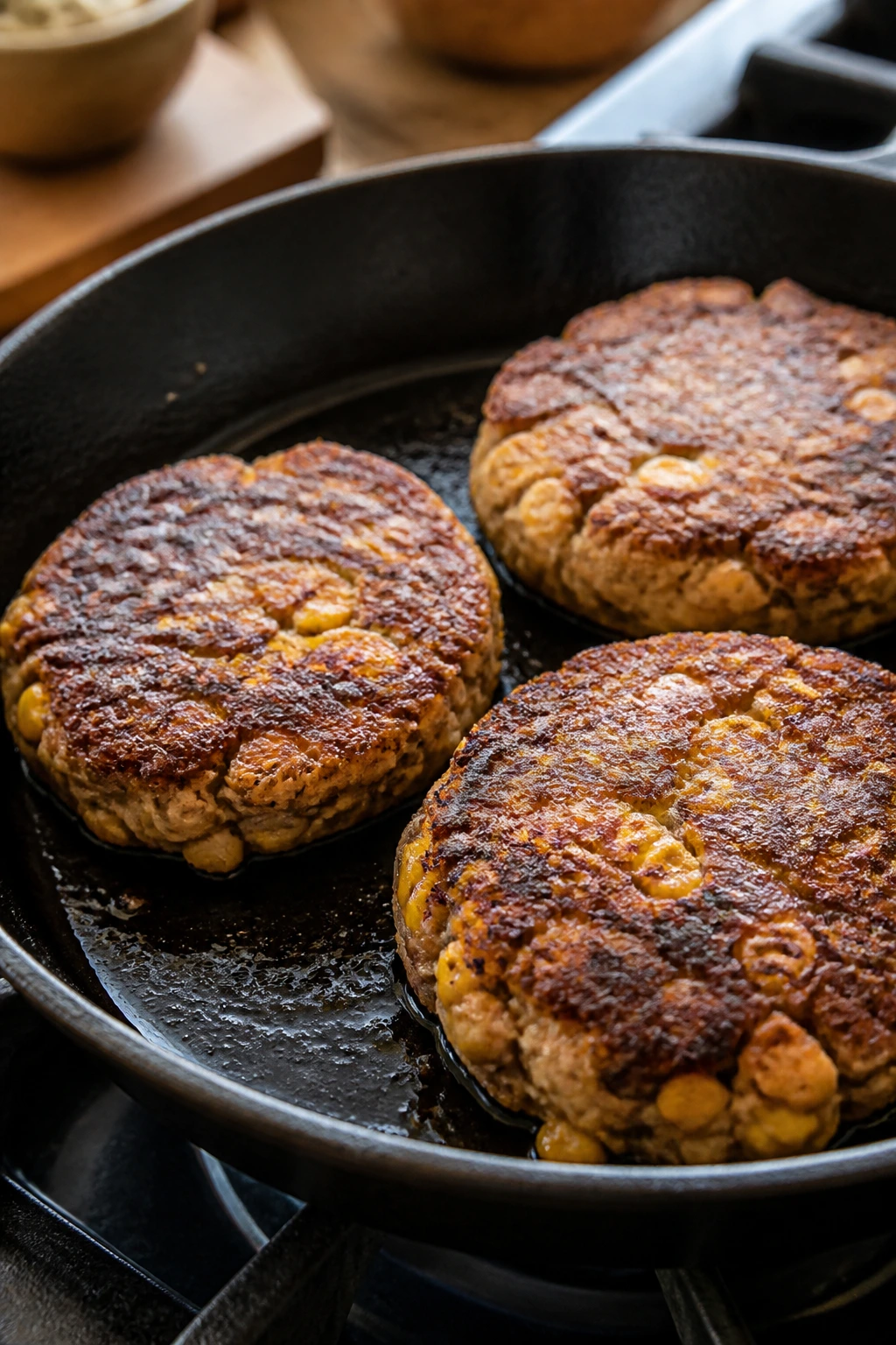 Close-up of sweet corn and pinto bean burger patties frying in a cast-iron skillet