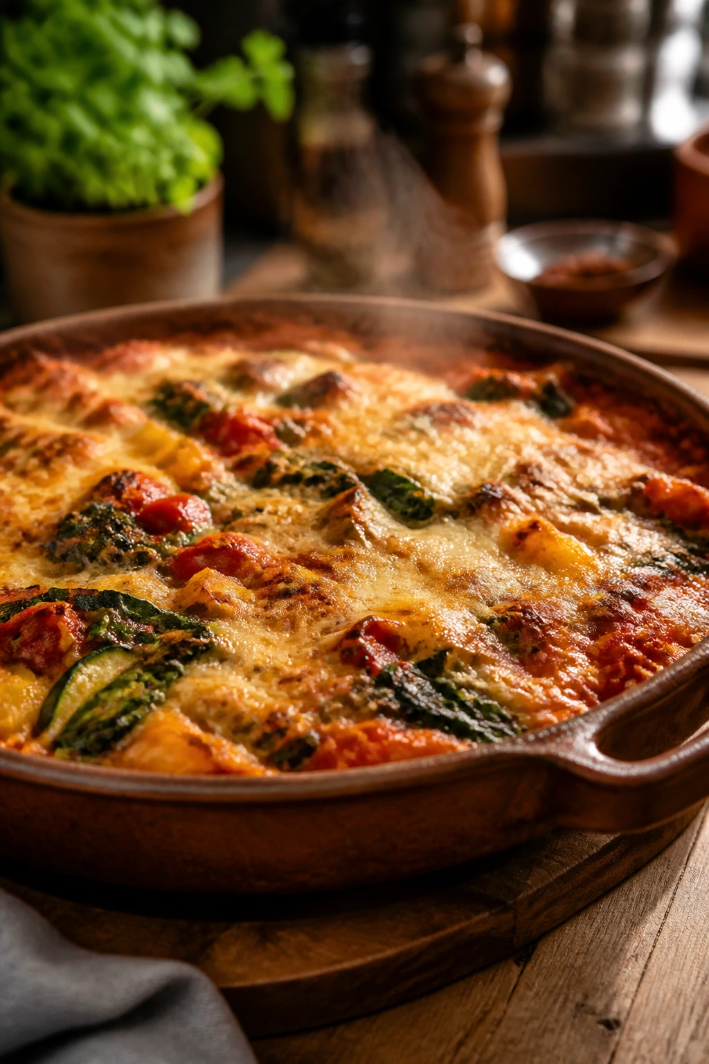 Steaming vegetarian casserole presented in a rustic pan on a wooden counter