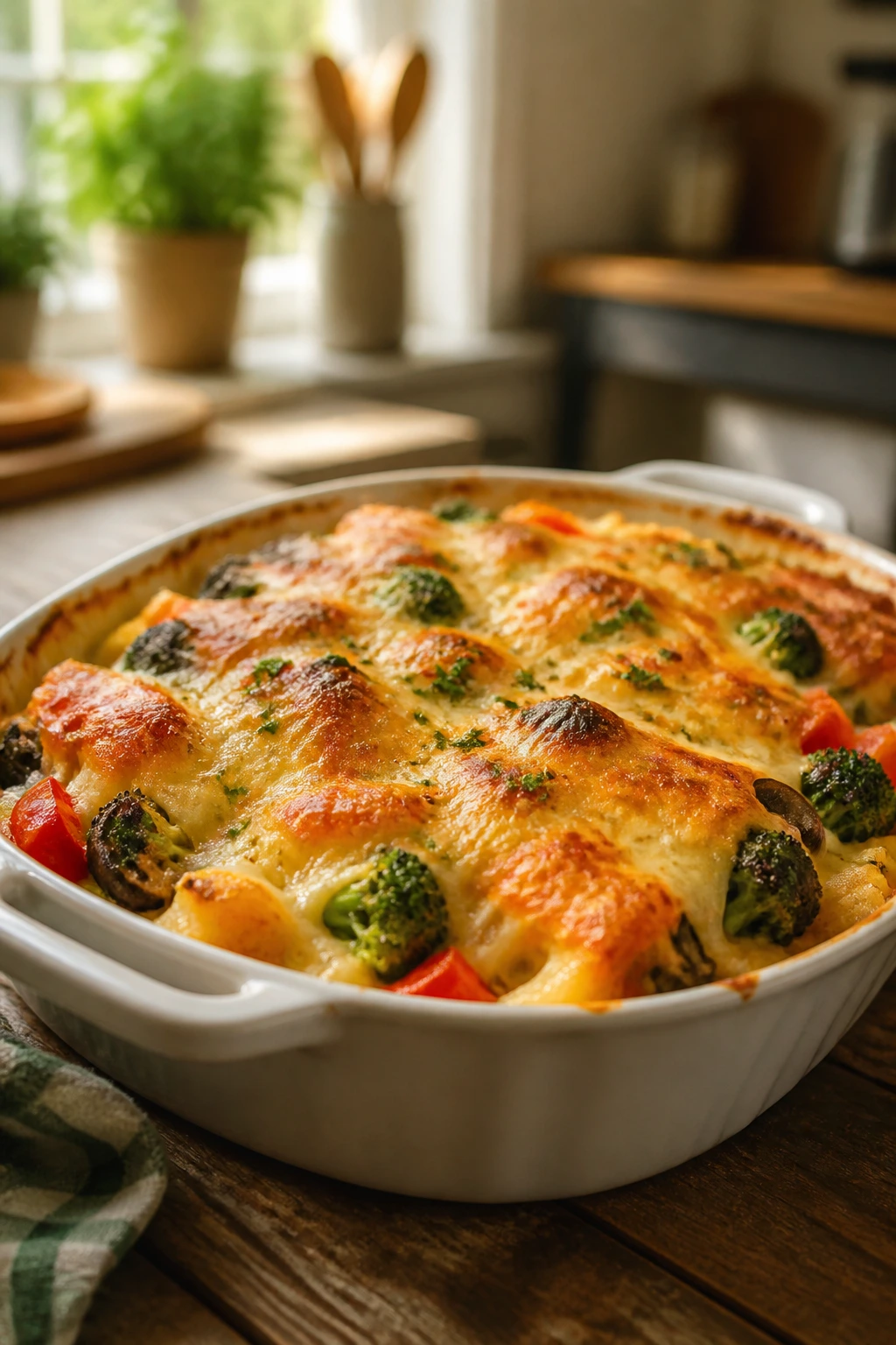 Close-up of a cheesy vegetable baked casserole on a rustic table