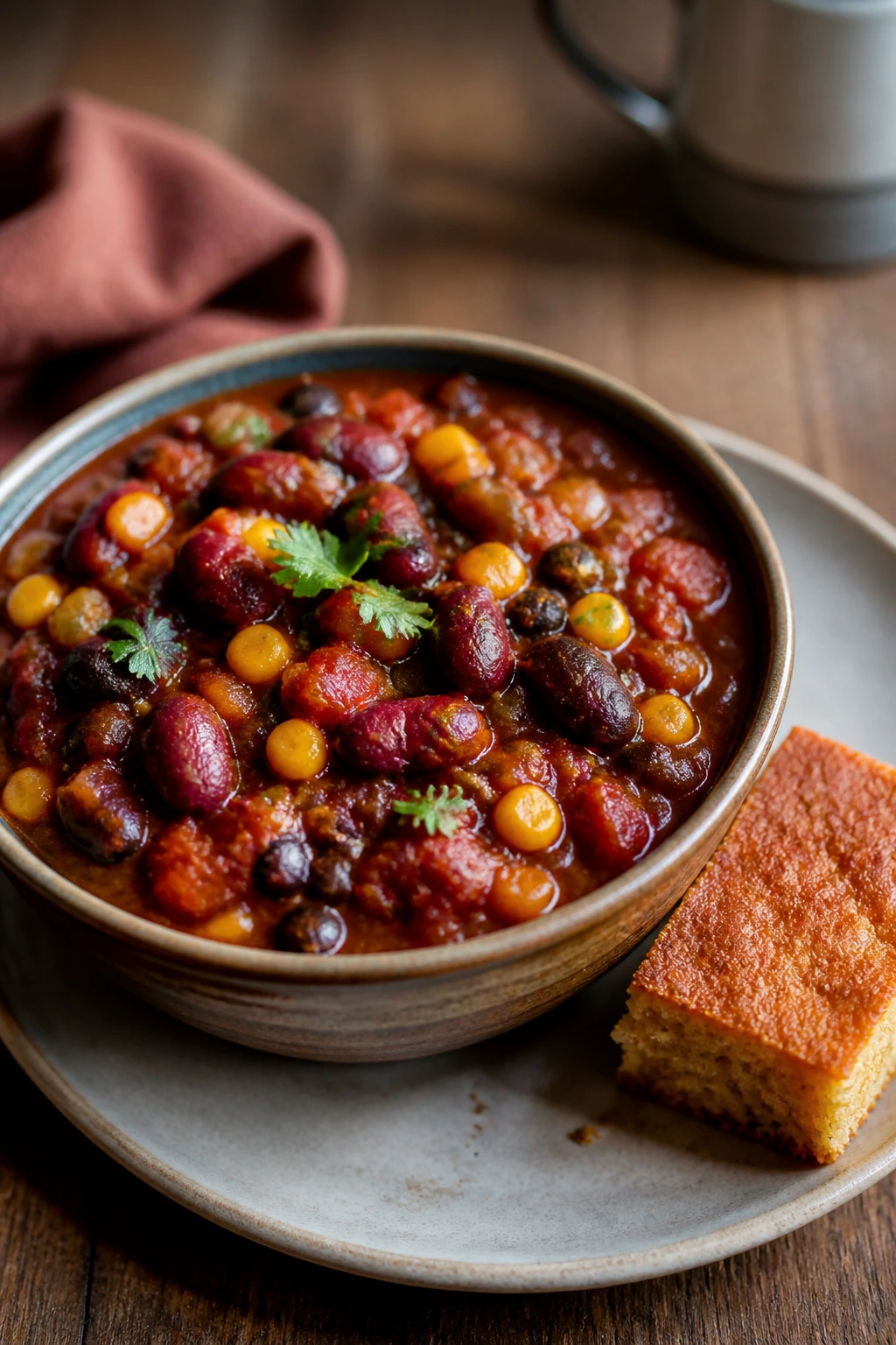 Thick vegetarian chili with cornbread on a wooden table