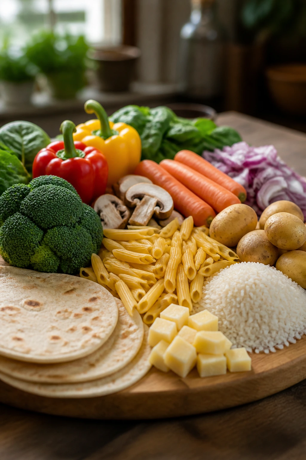 Close-up of a rustic board piled with vegetarian staples representing a comforting collection