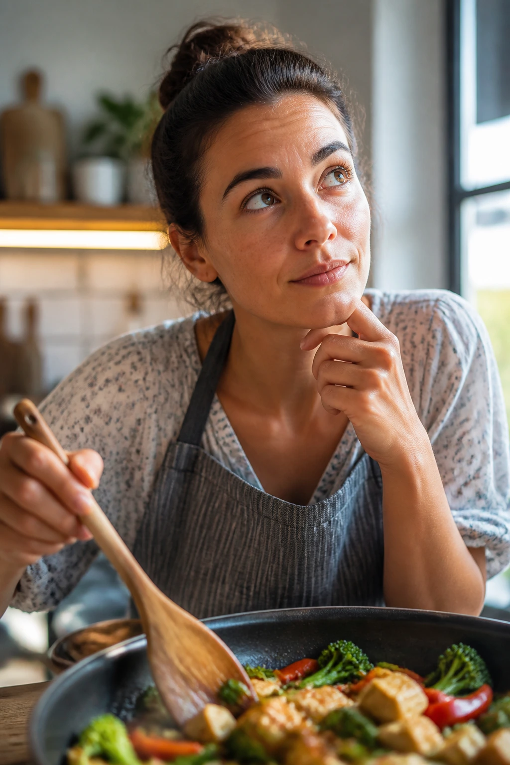 Real person in kitchen with thoughtful expression