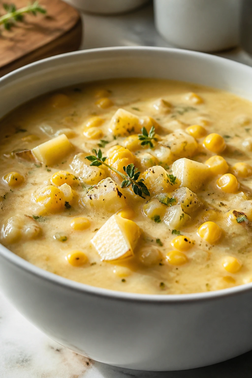 Close-up of Vegetarian Corn and Potato Chowder in a bowl