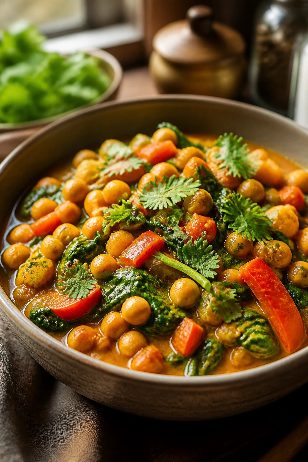 Vibrant vegetarian curry bowl with chickpeas and vegetables filling the frame