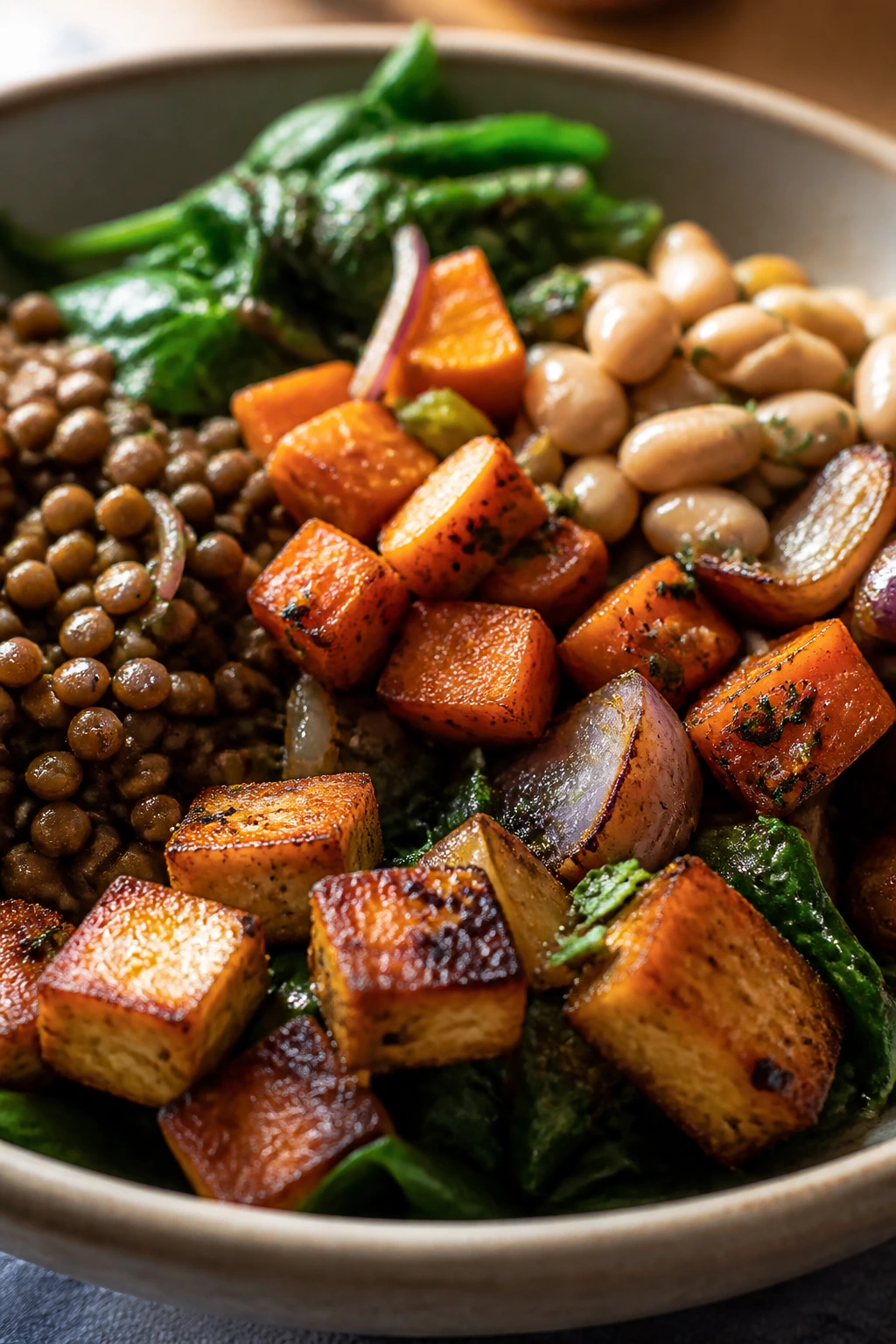 Close-up of a hearty vegetarian dinner plate featuring beans, lentils and vegetables