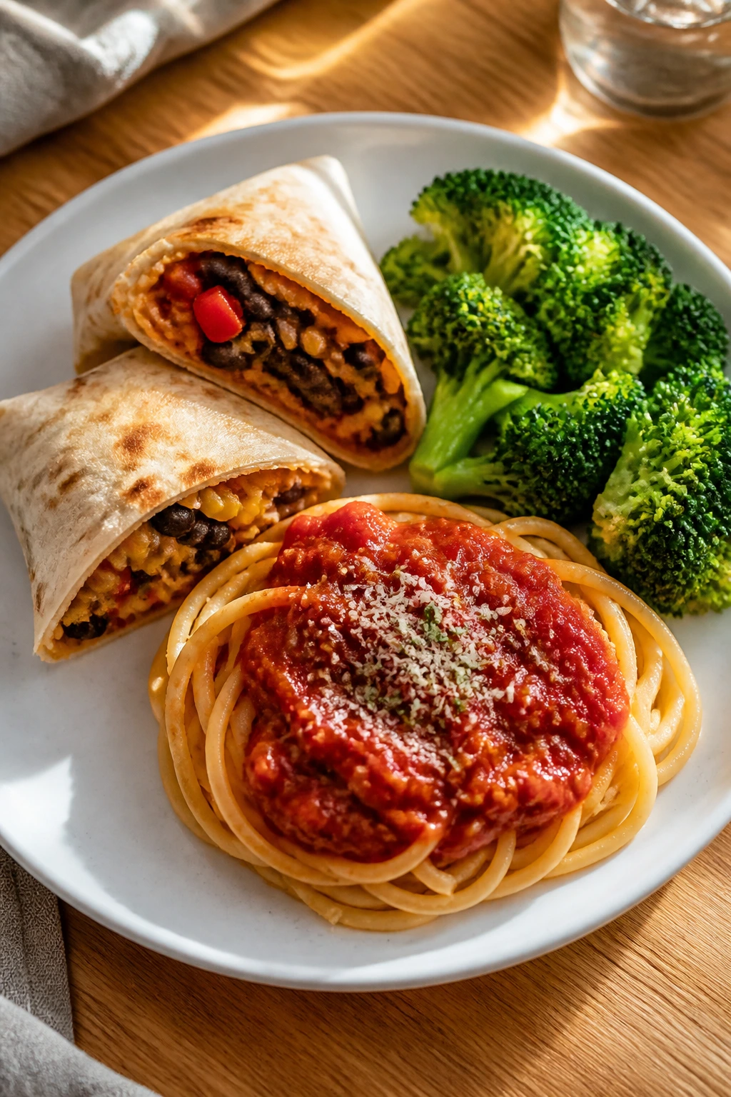 Plate with kid-friendly vegetarian dinner including burrito wedge, pasta, and broccoli