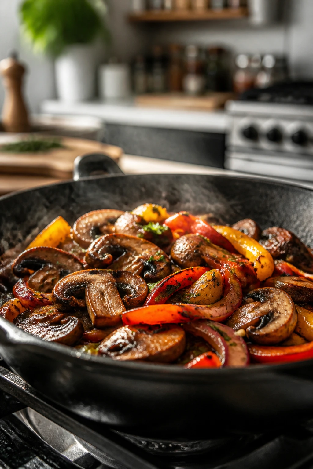 Close-up of a skillet browning mushrooms and peppers illustrating meatless dinners.