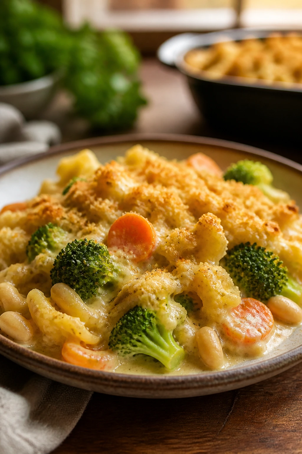 Close-up of a vegetarian weeknight dinner plate showing pasta and vegetables on a wooden table