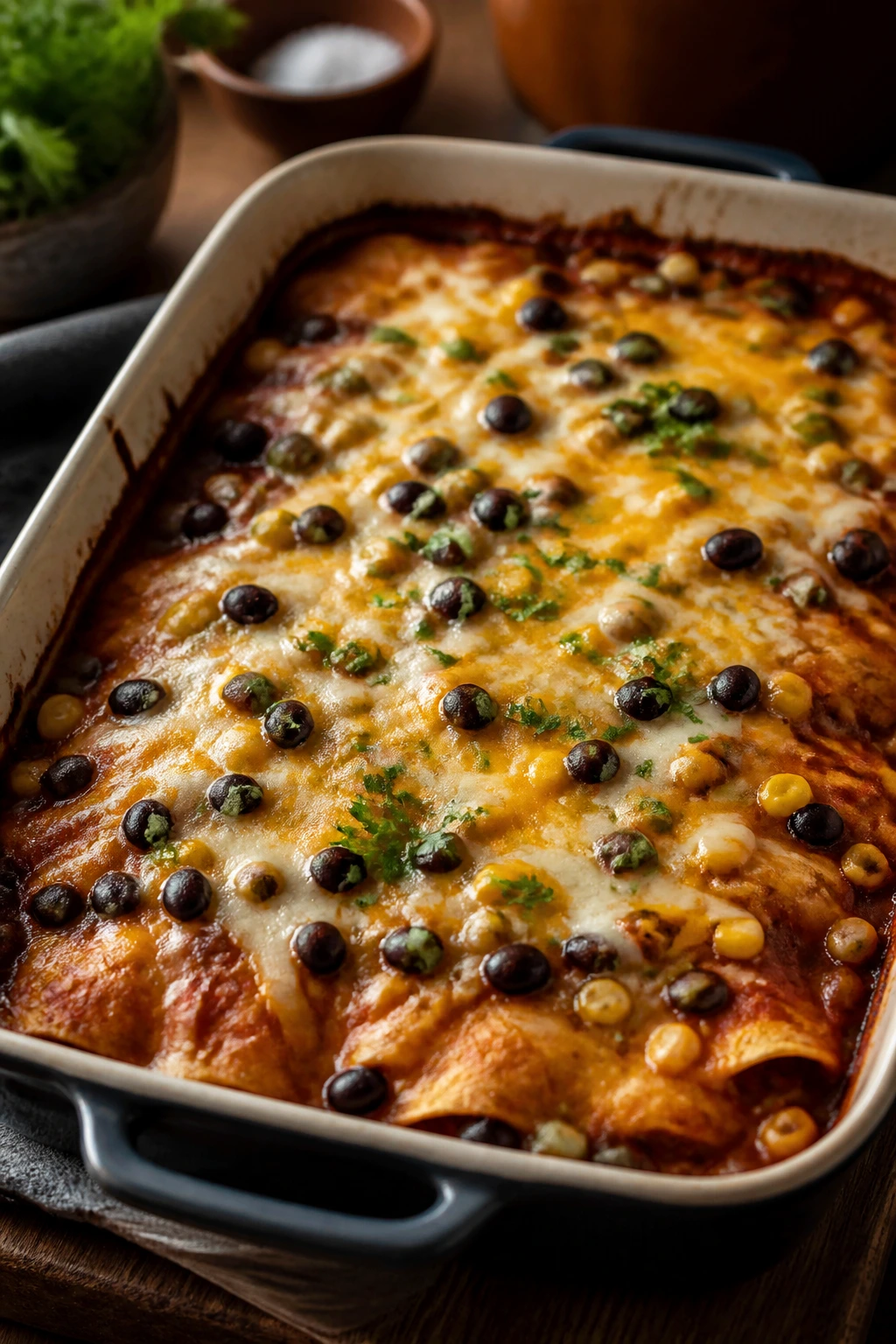 Bubbling vegetarian enchilada casserole in baking dish