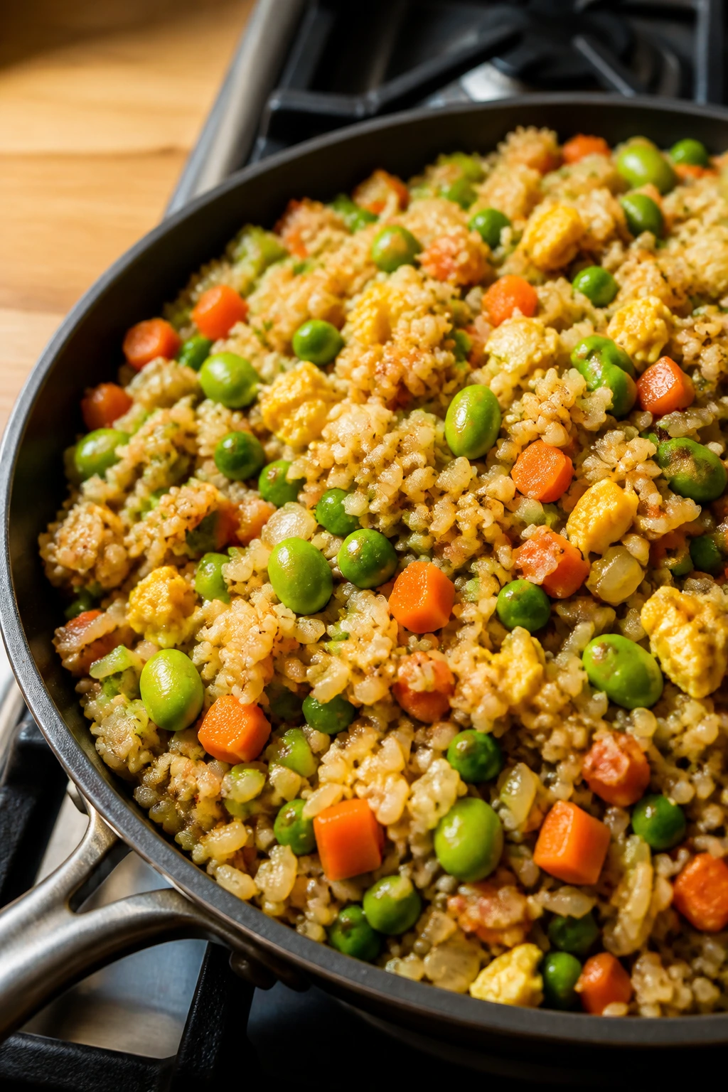 Bright skillet of veggie fried rice with edamame