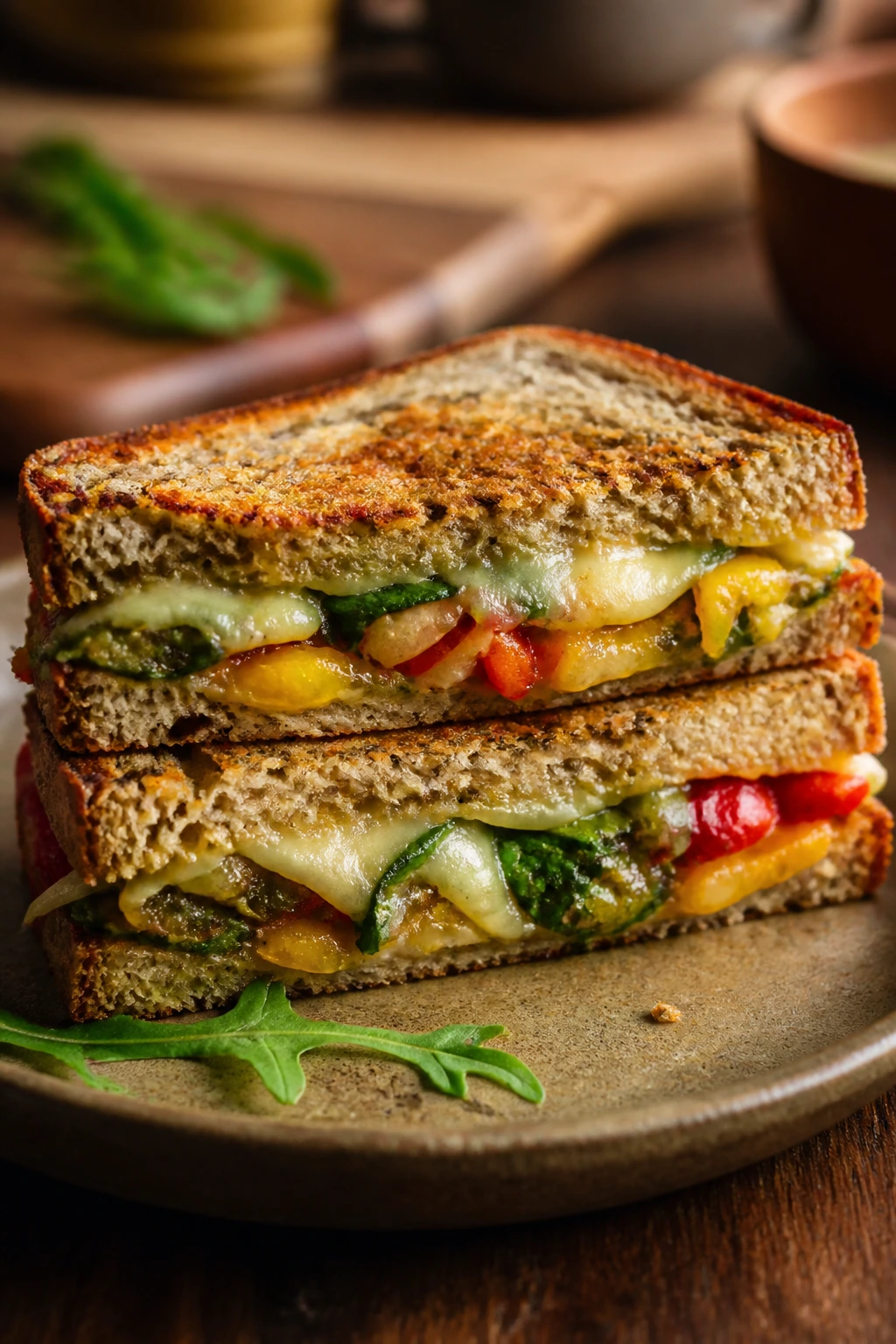 Close-up of a veggie melt on gluten-free bread on a plate