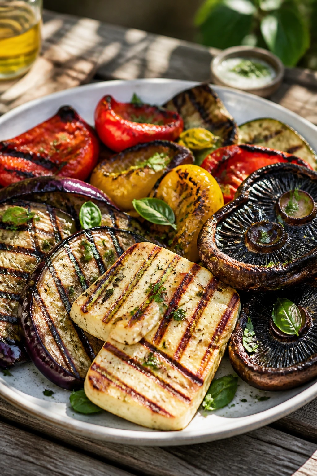 Colorful grilled vegetables and halloumi on a sunny table