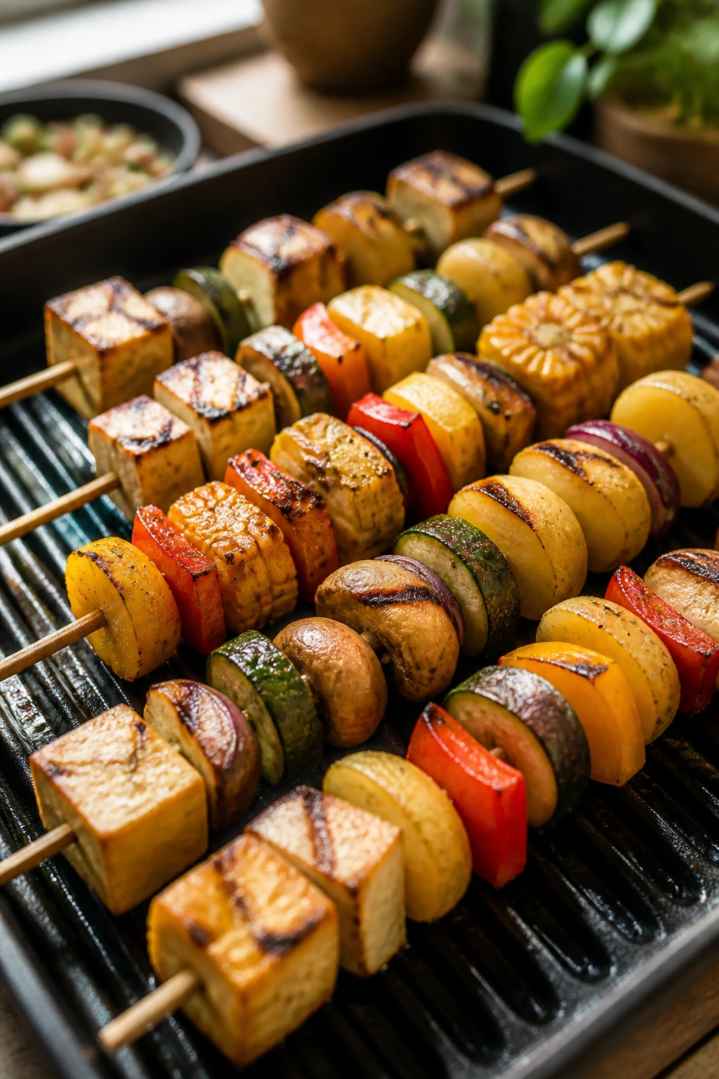 Close-up of diverse plant-based kebabs on a grill pan, showcasing tofu, halloumi, potatoes, gnocchi, and vegetables.