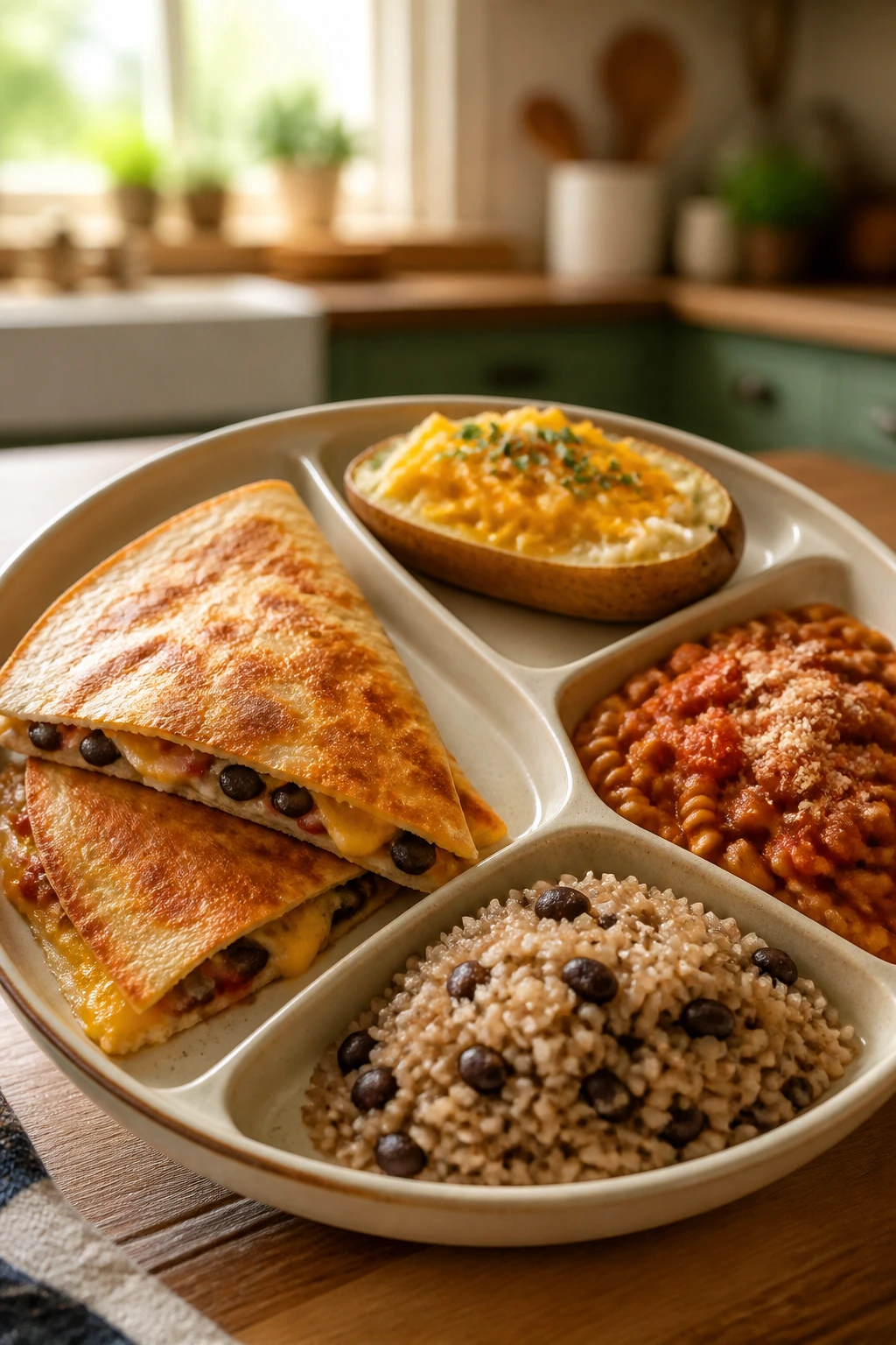 Close-up of a kid-friendly vegetarian dinner plate with quesadilla, baked potato, lentil pasta, and rice with beans