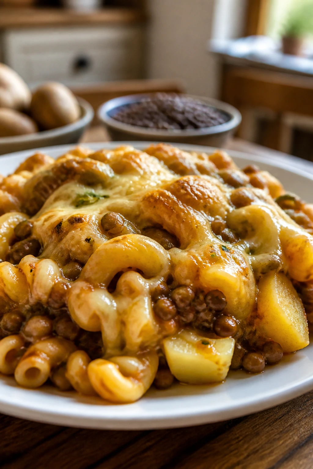 Close-up of a hearty vegetarian plate with beans, lentils, potatoes, pasta and cheese