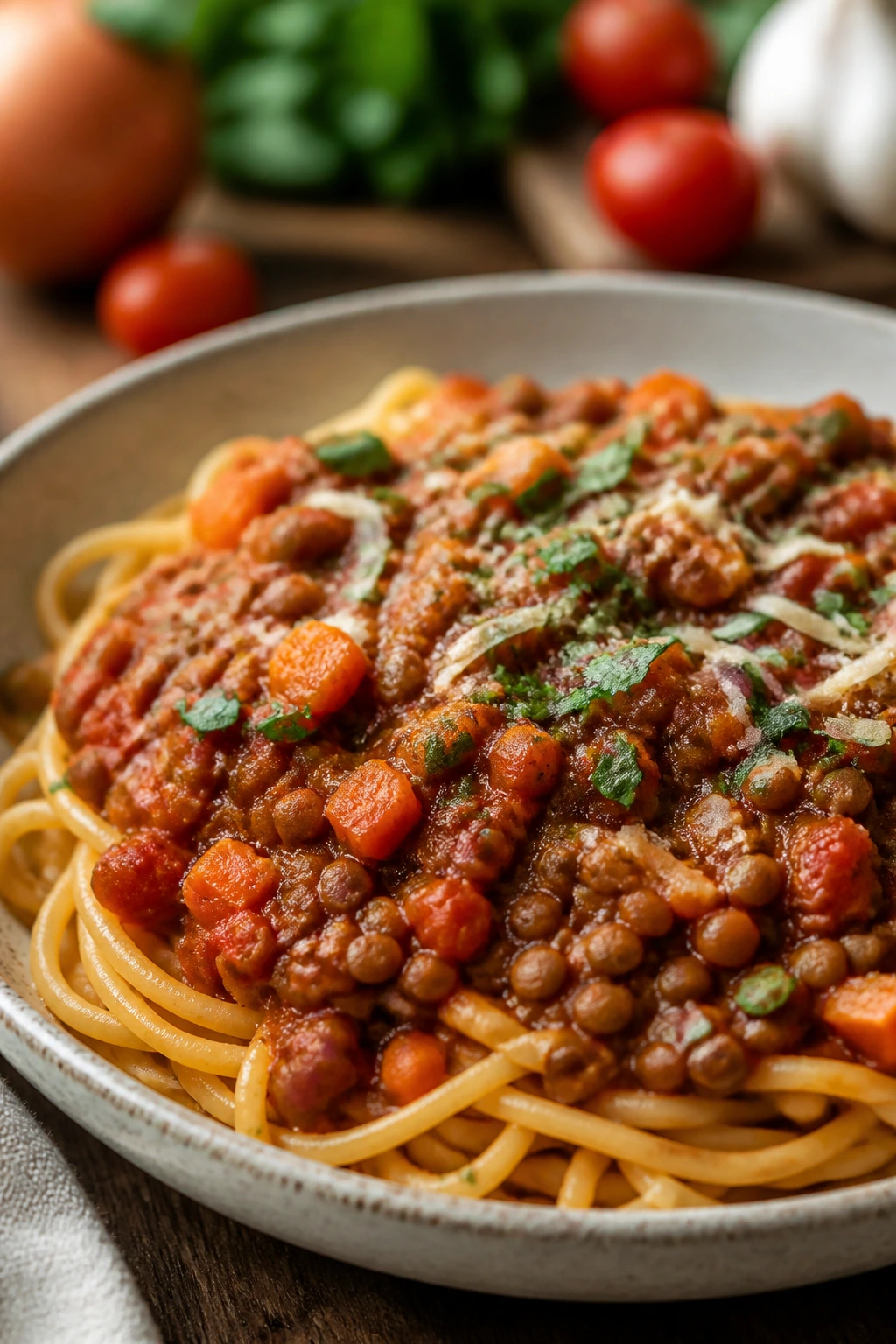 Lentil bolognese over pasta on rustic plate