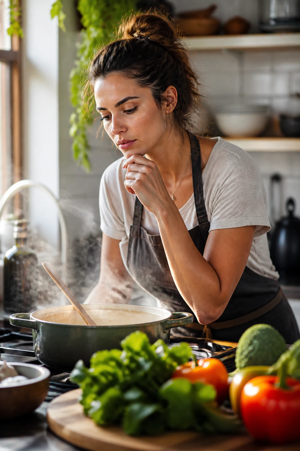 Portrait of a home cook in a bright kitchen contemplating seasoning near a simmering pot.