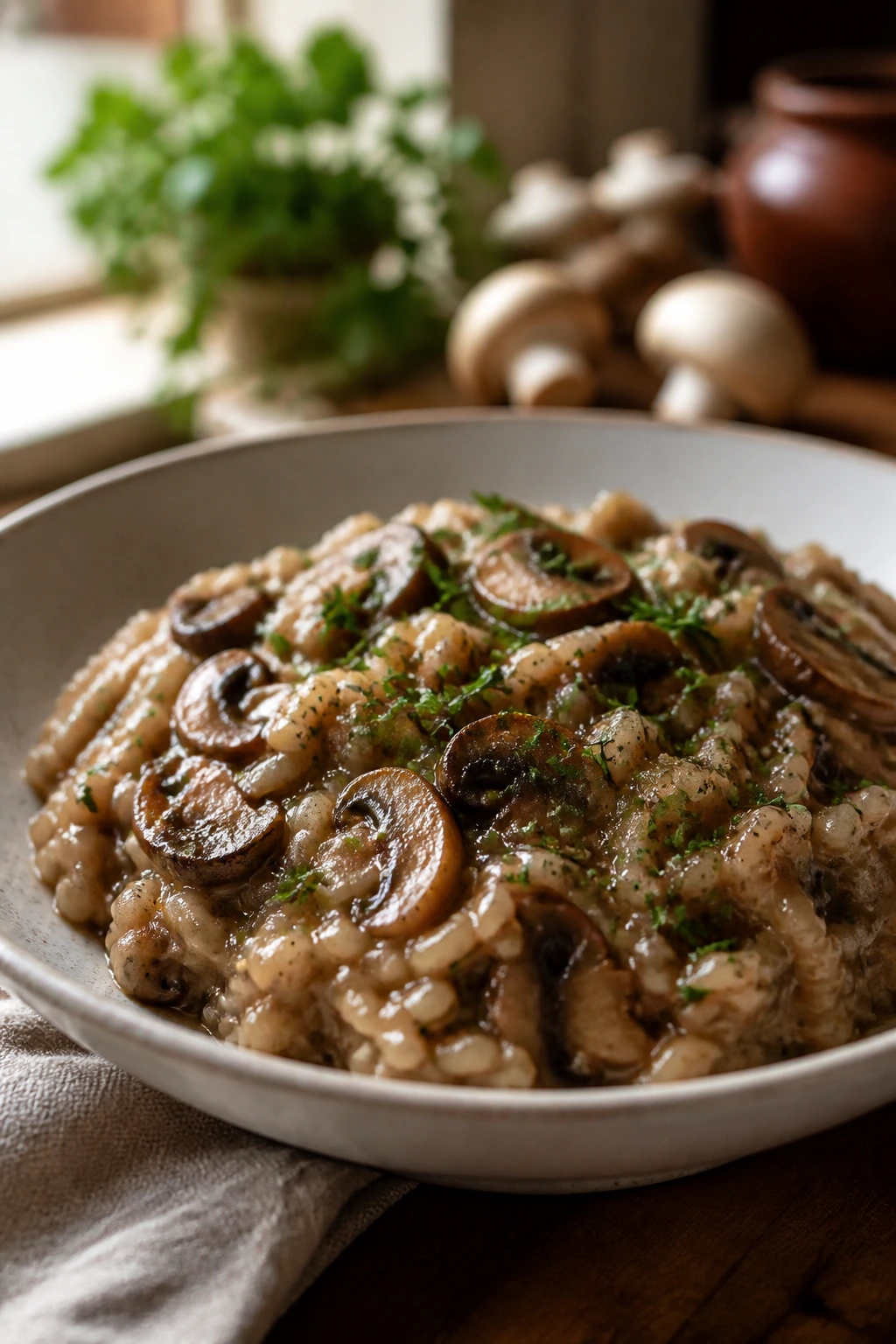 Mushroom risotto with herbs in shallow bowl