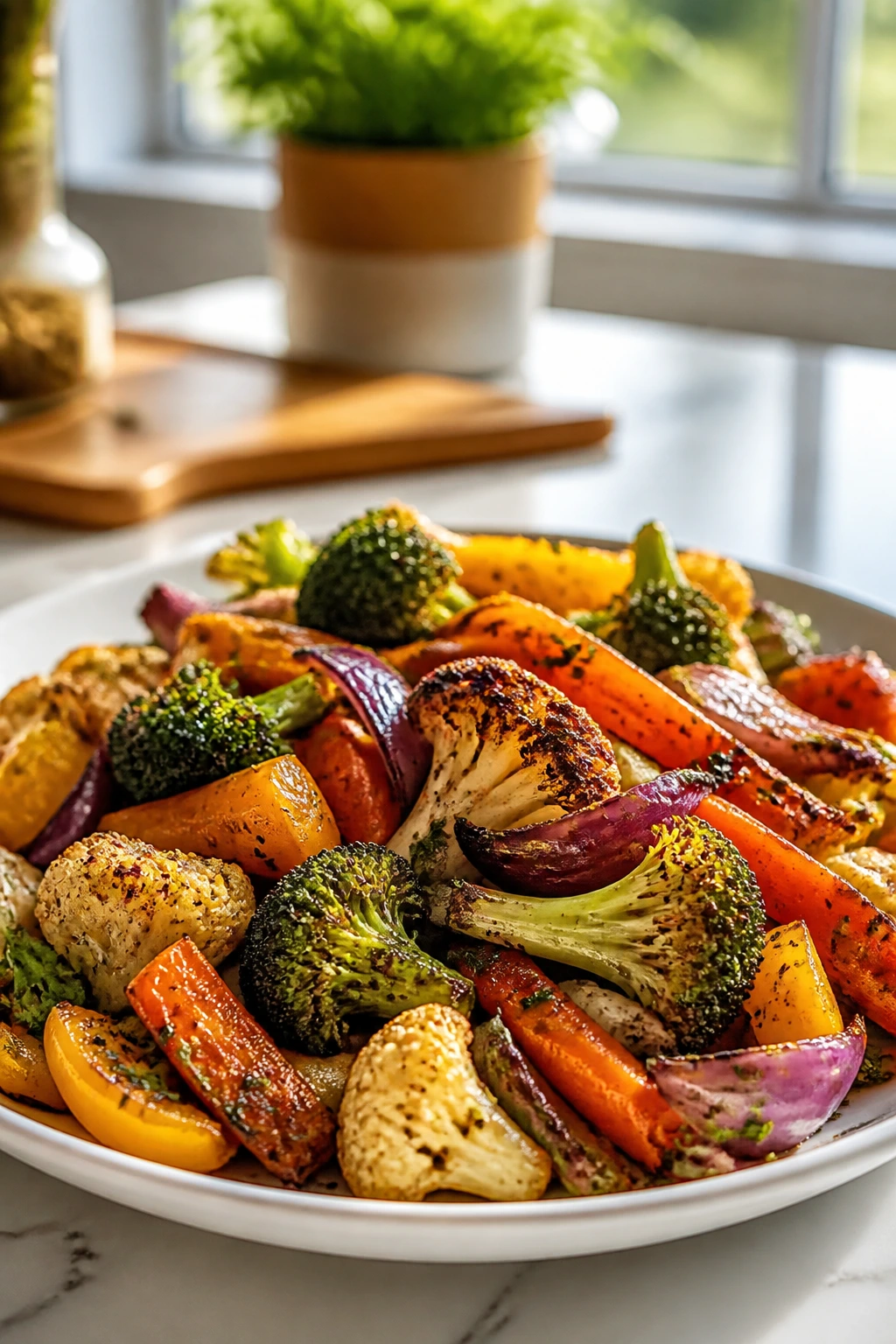 Colorful roasted vegetable medley on a plate in a sunny kitchen.