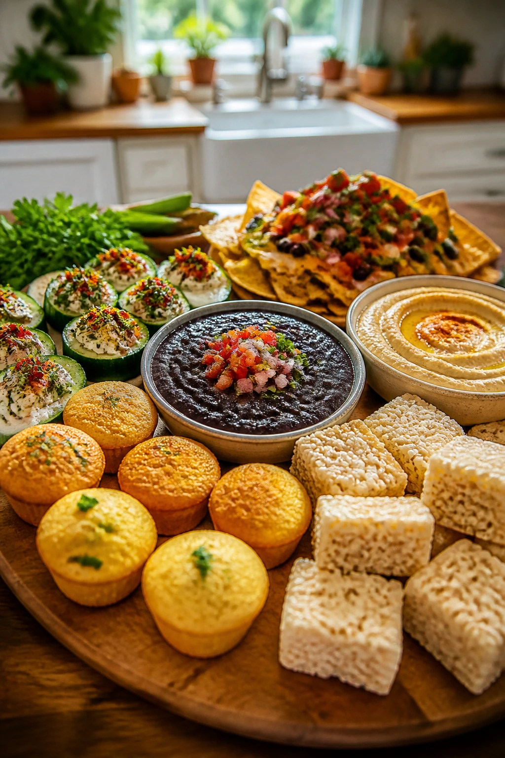 Colorful vegetarian party tray with beans, hummus, nachos, cucumber bites and treats