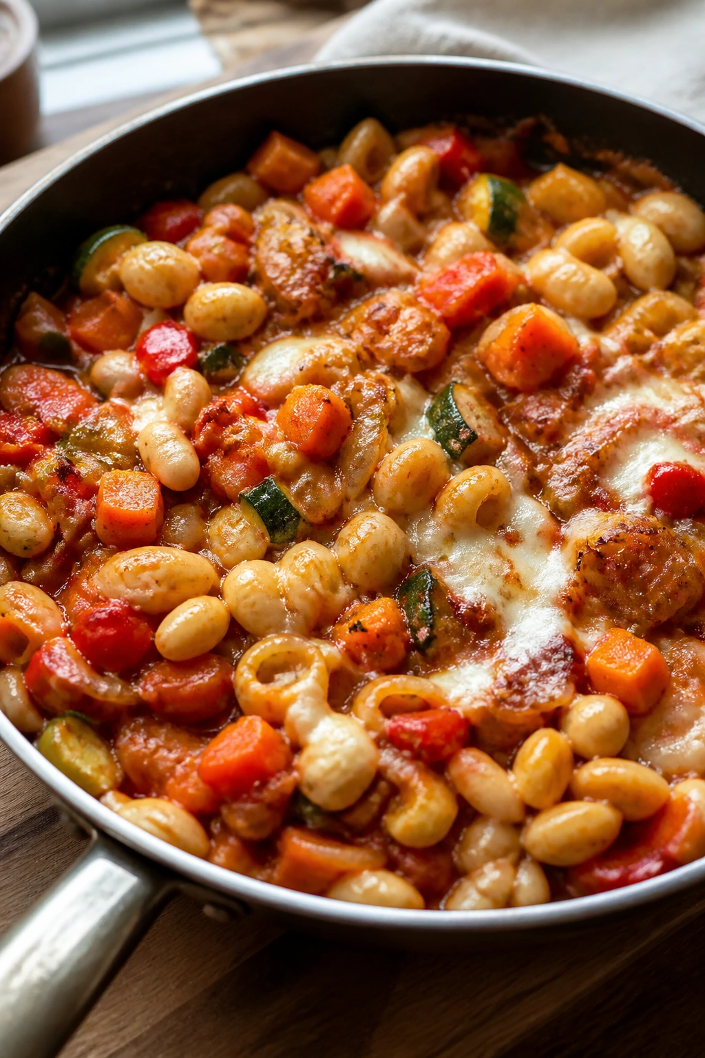 Close-up of a caramelized vegetable pasta pan in a warm kitchen