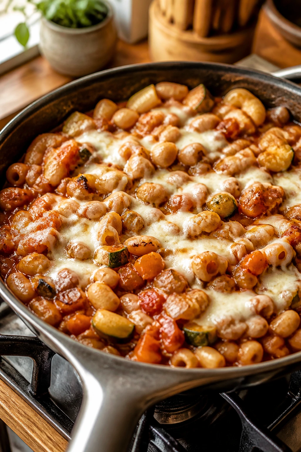 Close-up of a vegetarian pasta skillet with caramelized onions and vegetables in tomato sauce