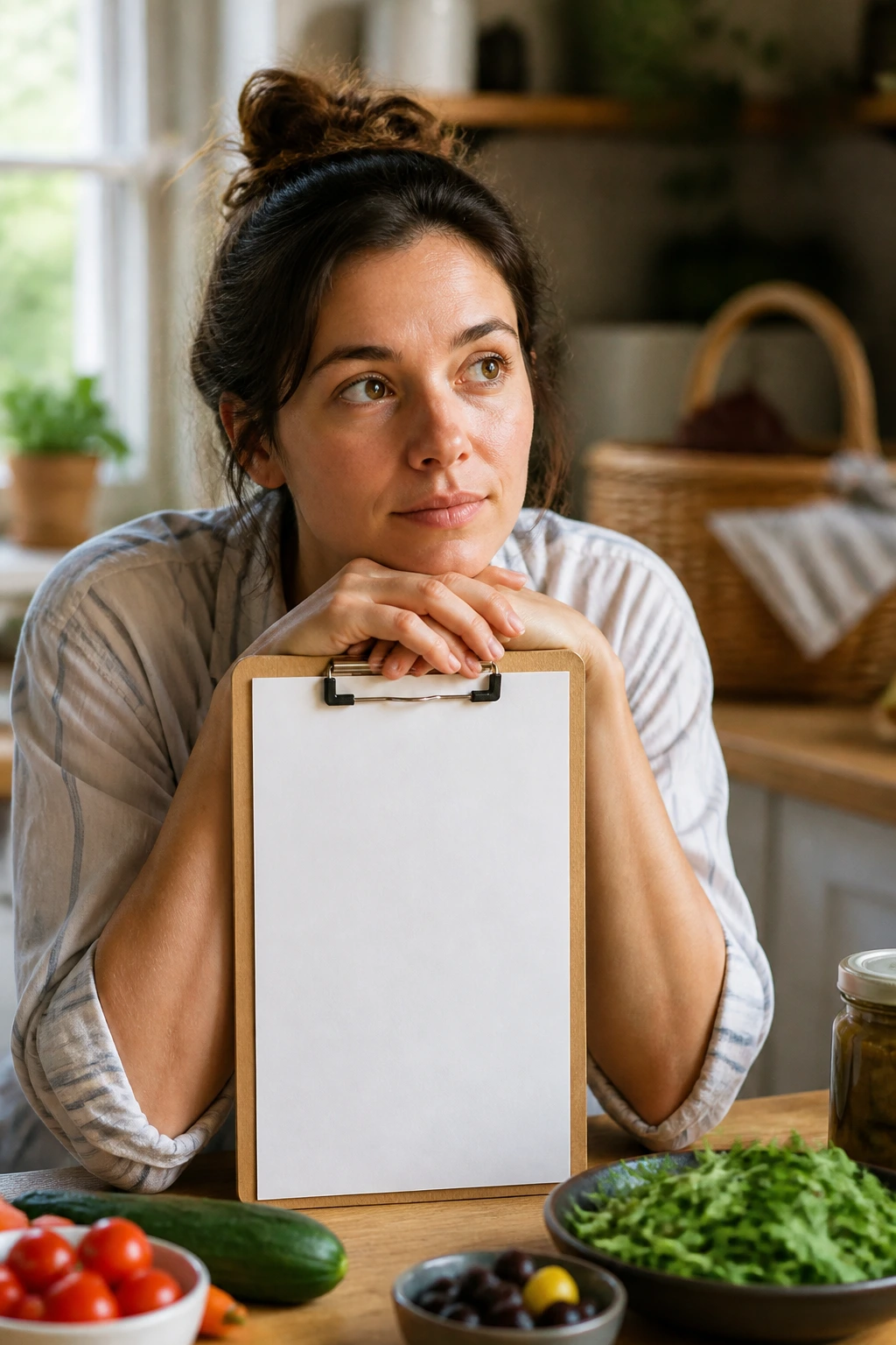 Close-up portrait of a person planning a vegetarian picnic in a sunlit kitchen.