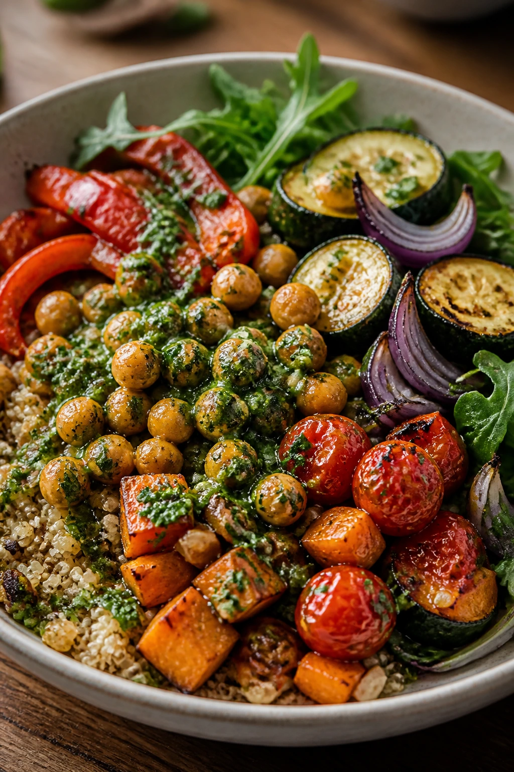 Balanced vegetarian dinner plate with grains beans and vegetables