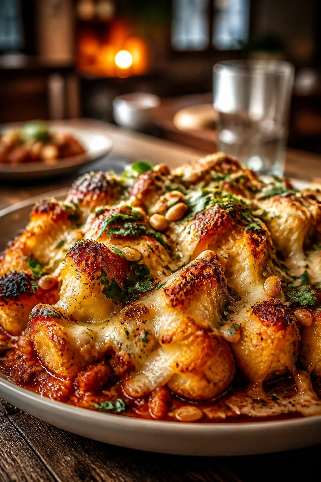 Hearty vegetarian plate with browning and cheese on a rustic table