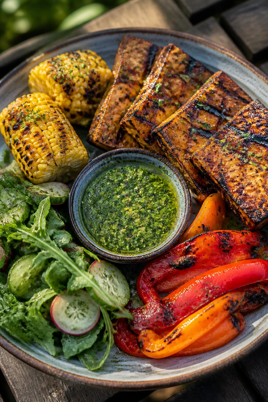 Plate of smoky tofu with corn and peppers, fresh herb sauce