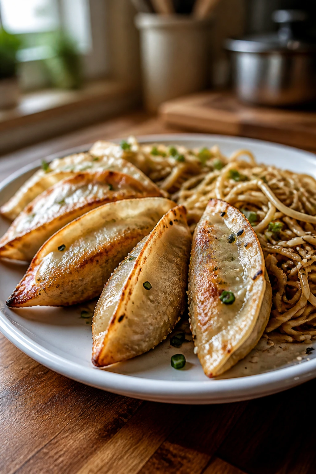 Close-up of golden veggie potstickers with sesame noodles on a warm kitchen counter