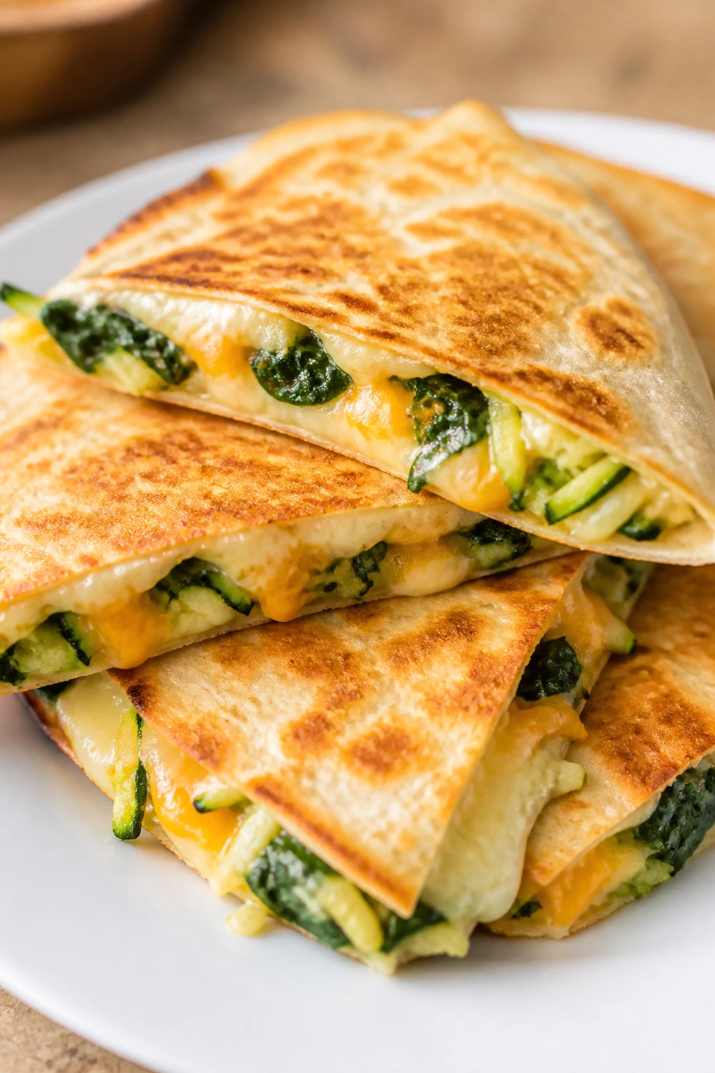 Close-up of cheesy veggie quesadillas with melted cheese and veggies