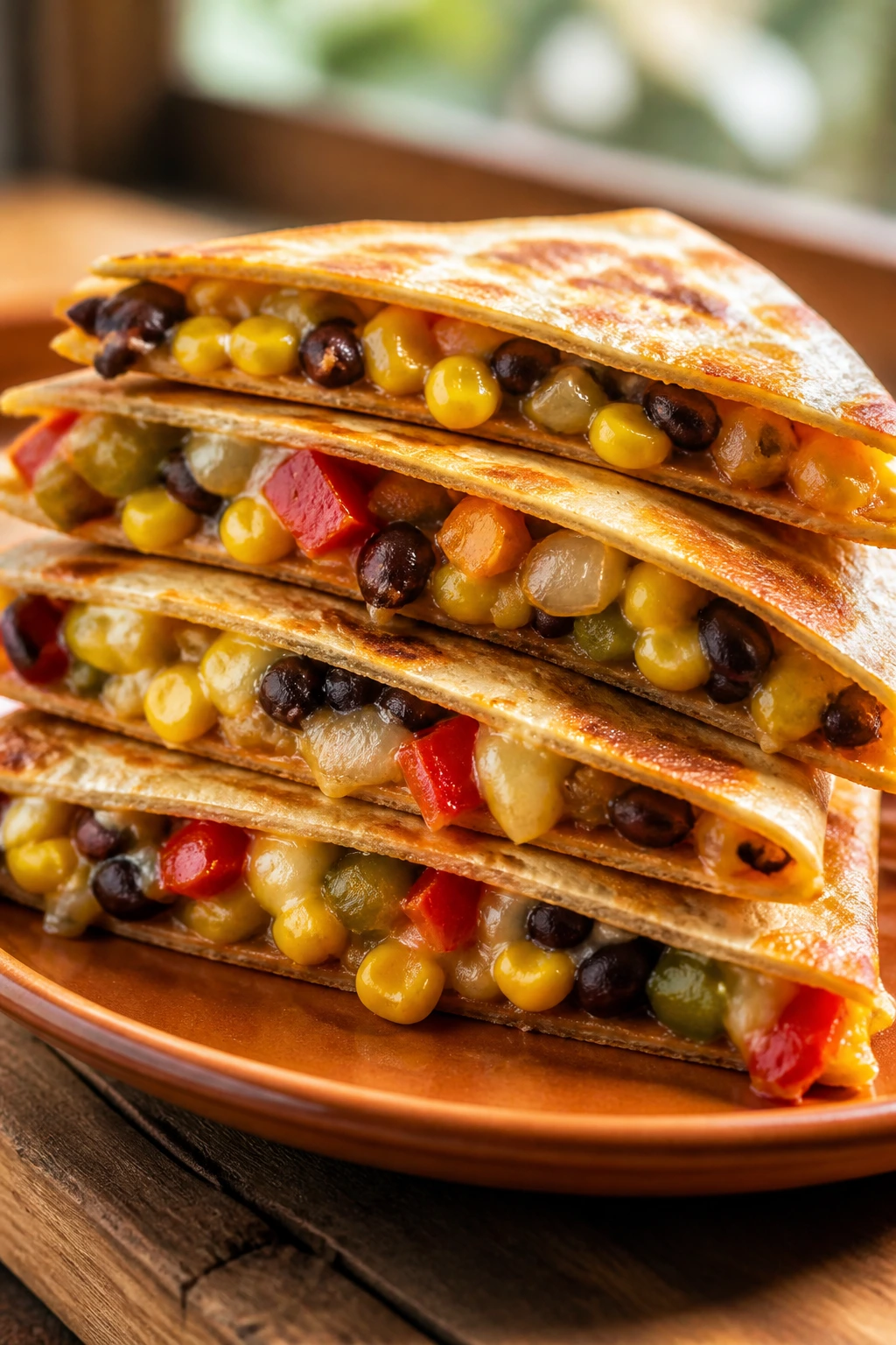 Golden quesadillas with corn and peppers, sliced to reveal filling