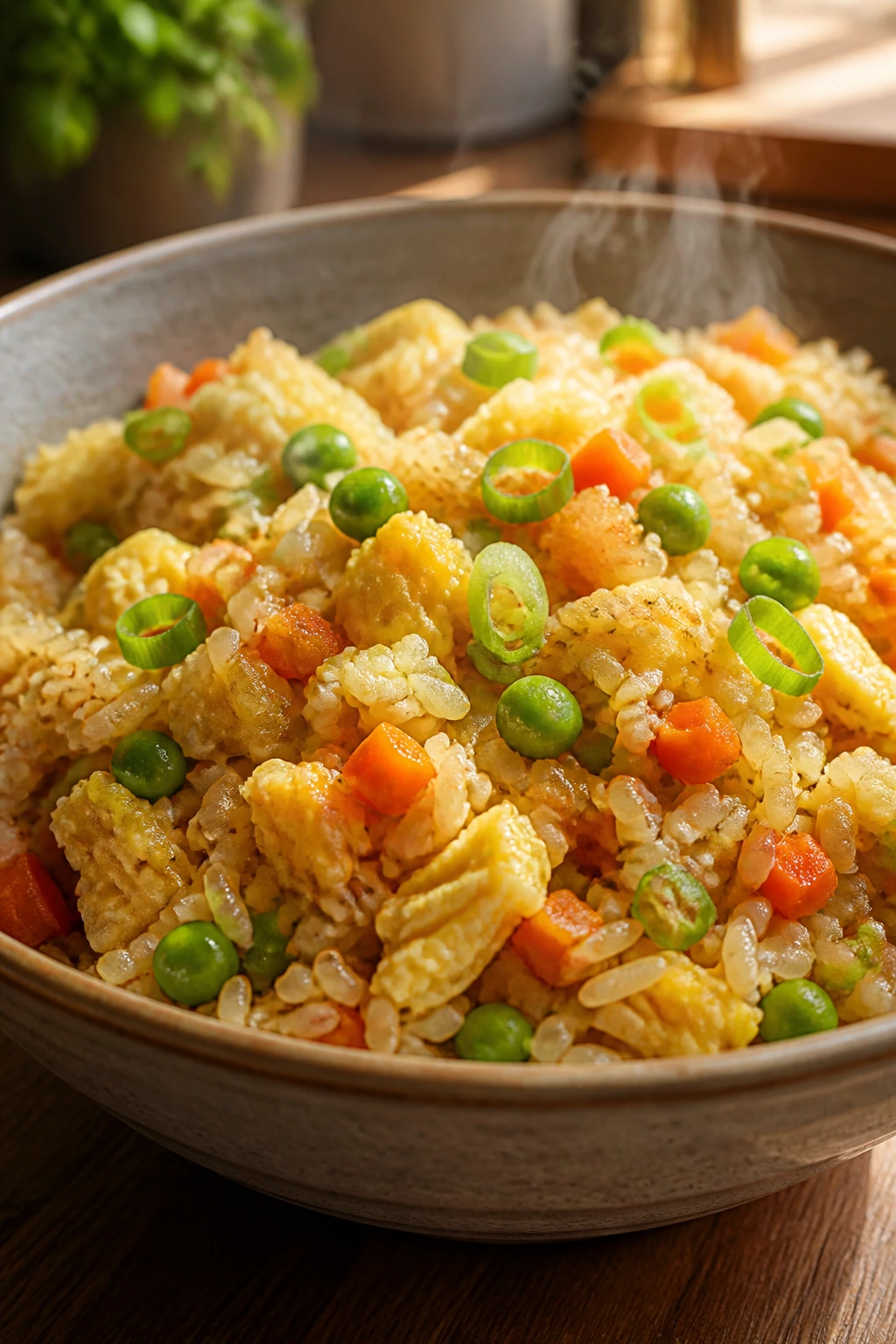 Close-up of veggie fried rice with egg in a bowl on a warm kitchen counter
