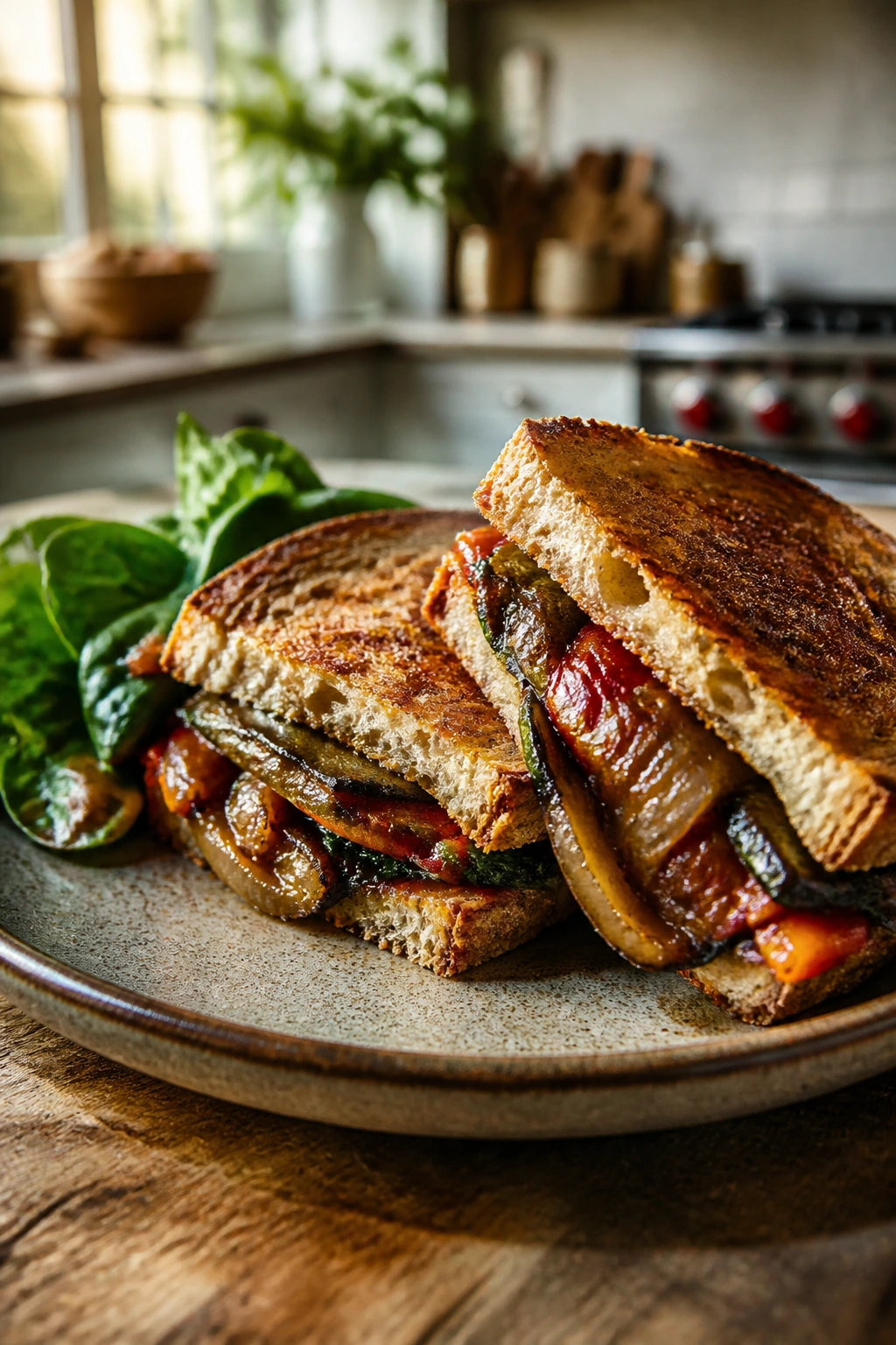 Close-up of a hot, sliced caramelized vegetarian sandwich with greens on a rustic plate