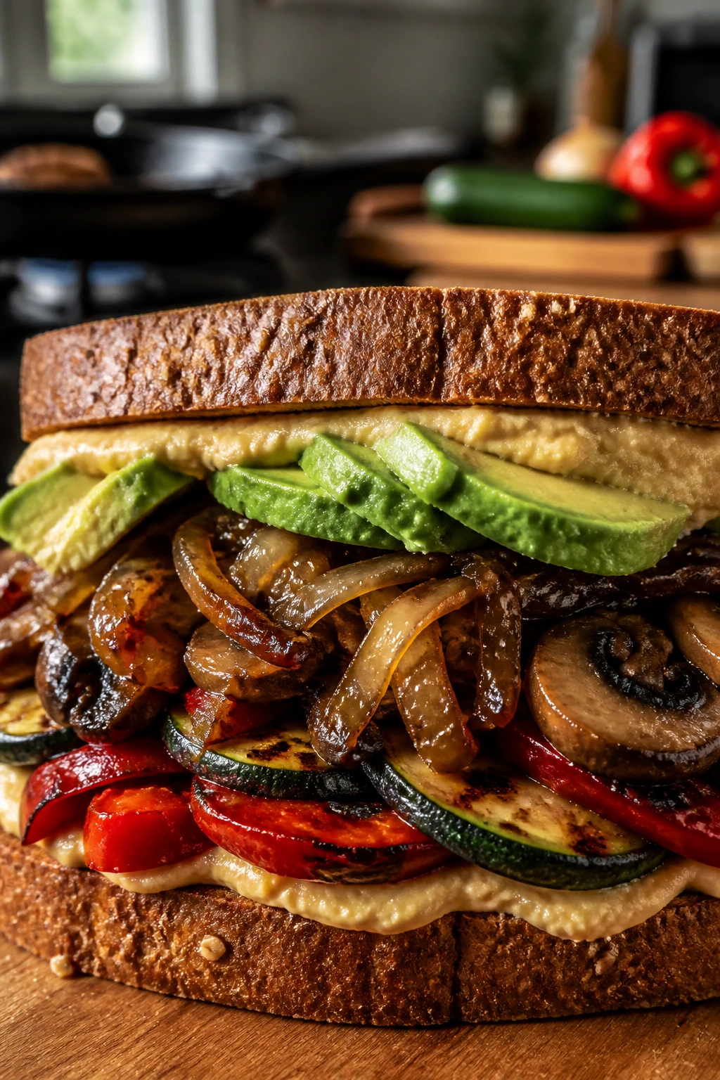 Close-up of a hearty vegetarian sandwich with caramelized onions and mushrooms on whole-grain bread in a warm kitchen.