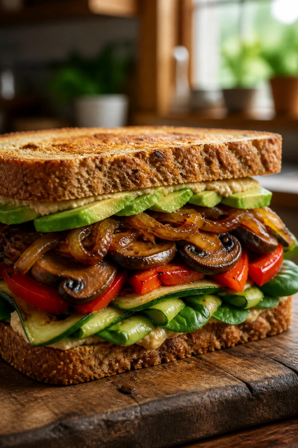 Close-up of a hearty vegetarian sandwich with caramelized onions and mushrooms