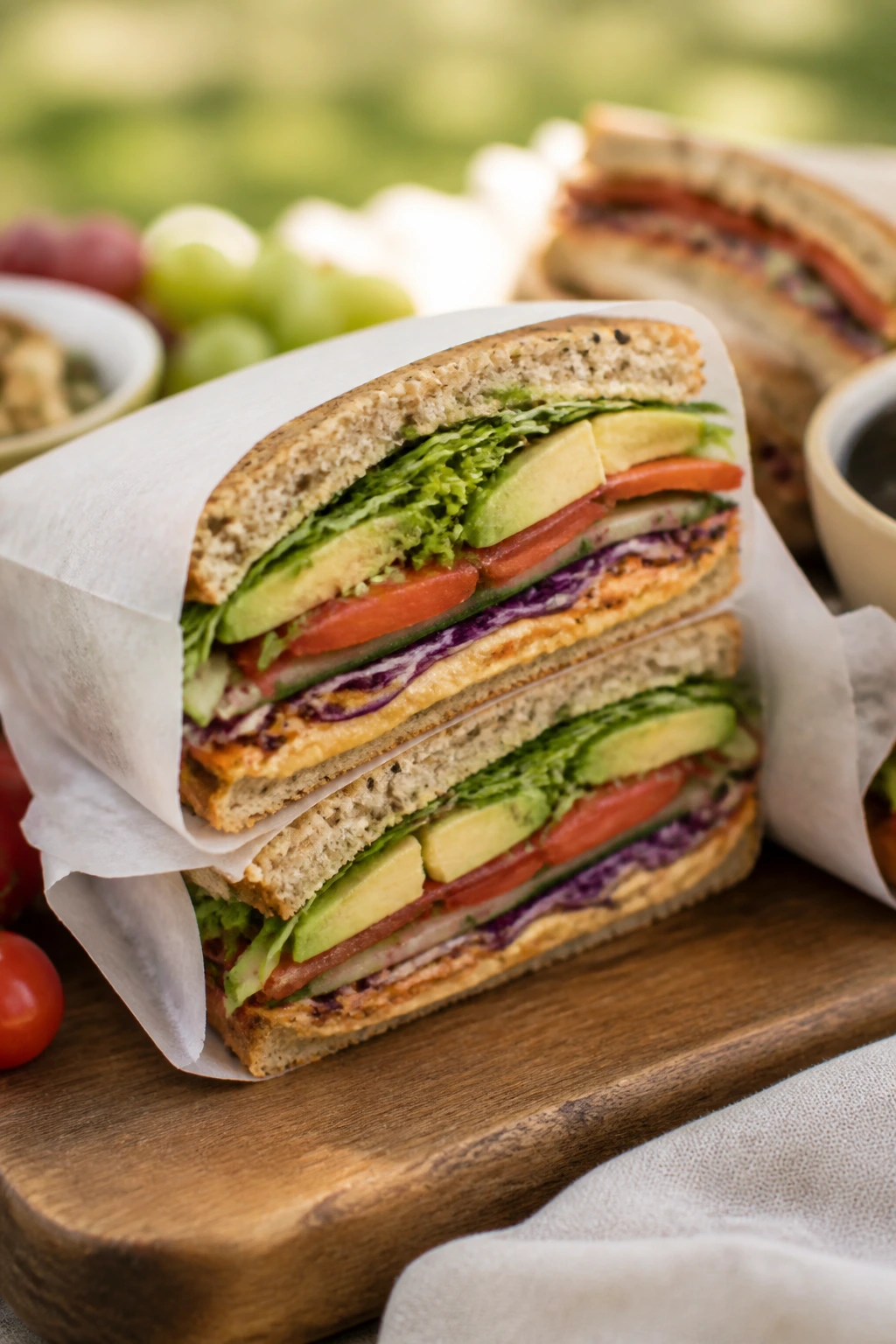 Cross-section of a colorful vegetarian sandwich showing fillings