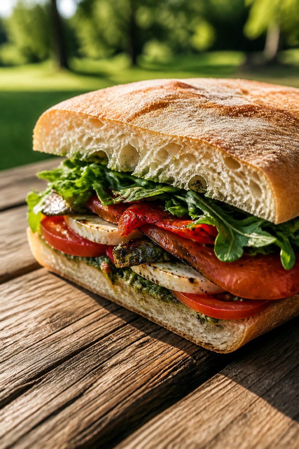 Close-up of a sturdy ciabatta vegetarian picnic sandwich on a wooden table in a sunlit park