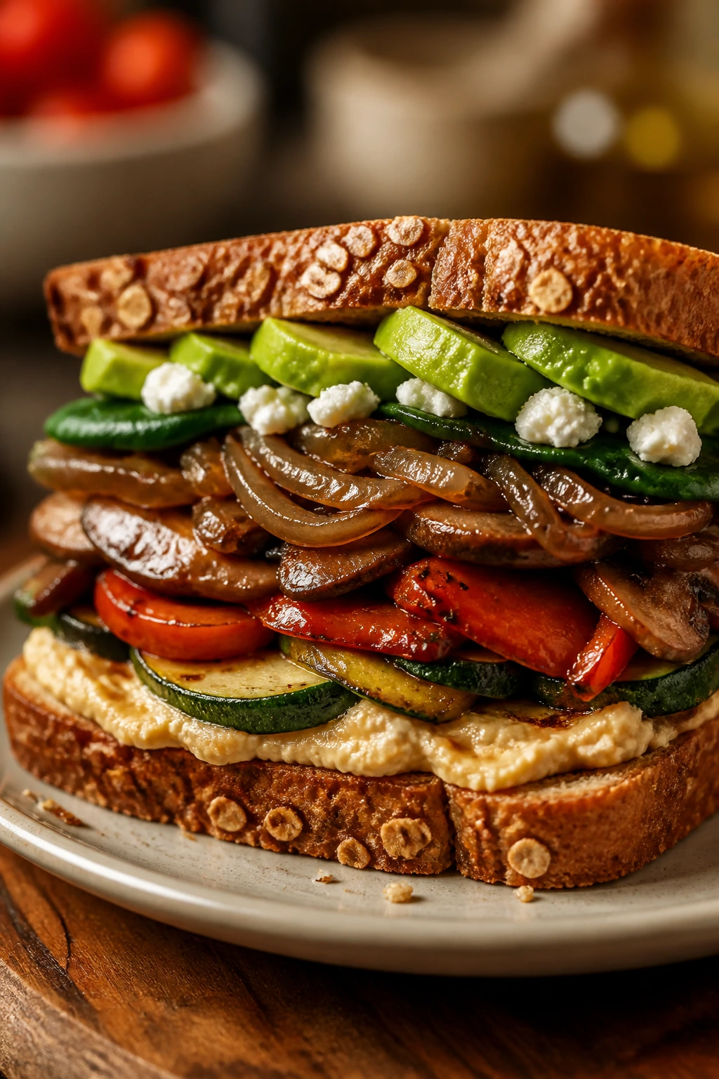 Close-up of a hearty caramelized vegetarian sandwich with onions and mushrooms